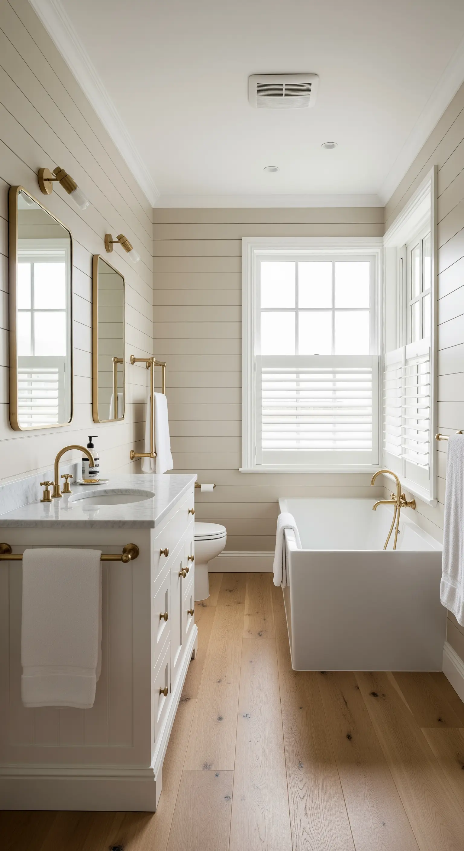 Schmales Badezimmer mit horizontaler Holzverkleidung, goldenen Armaturen und hellem Holzboden.