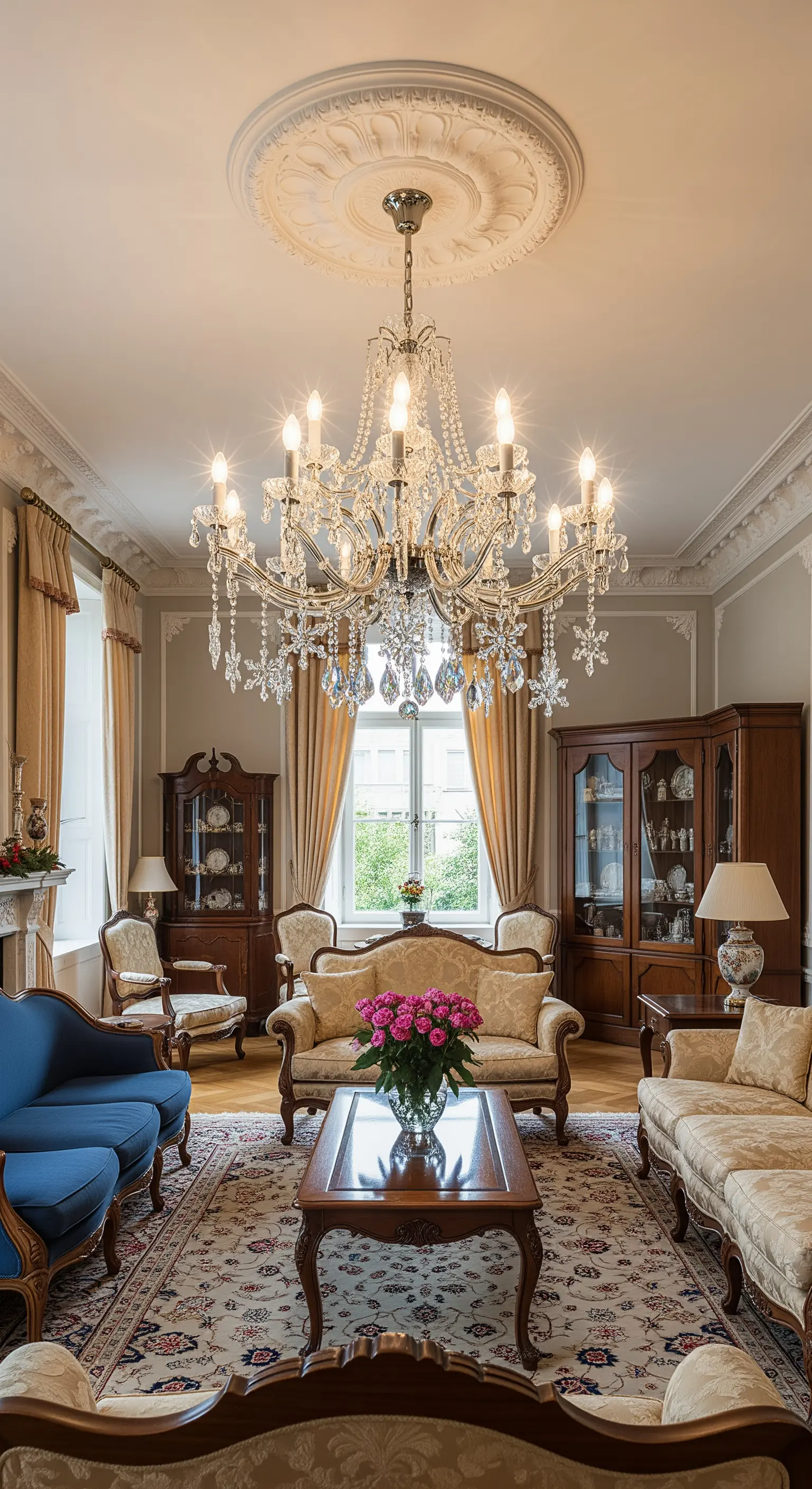 Opulenter Kristall-Kronleuchter in einem klassischen Wohnzimmer mit Stuckdecke