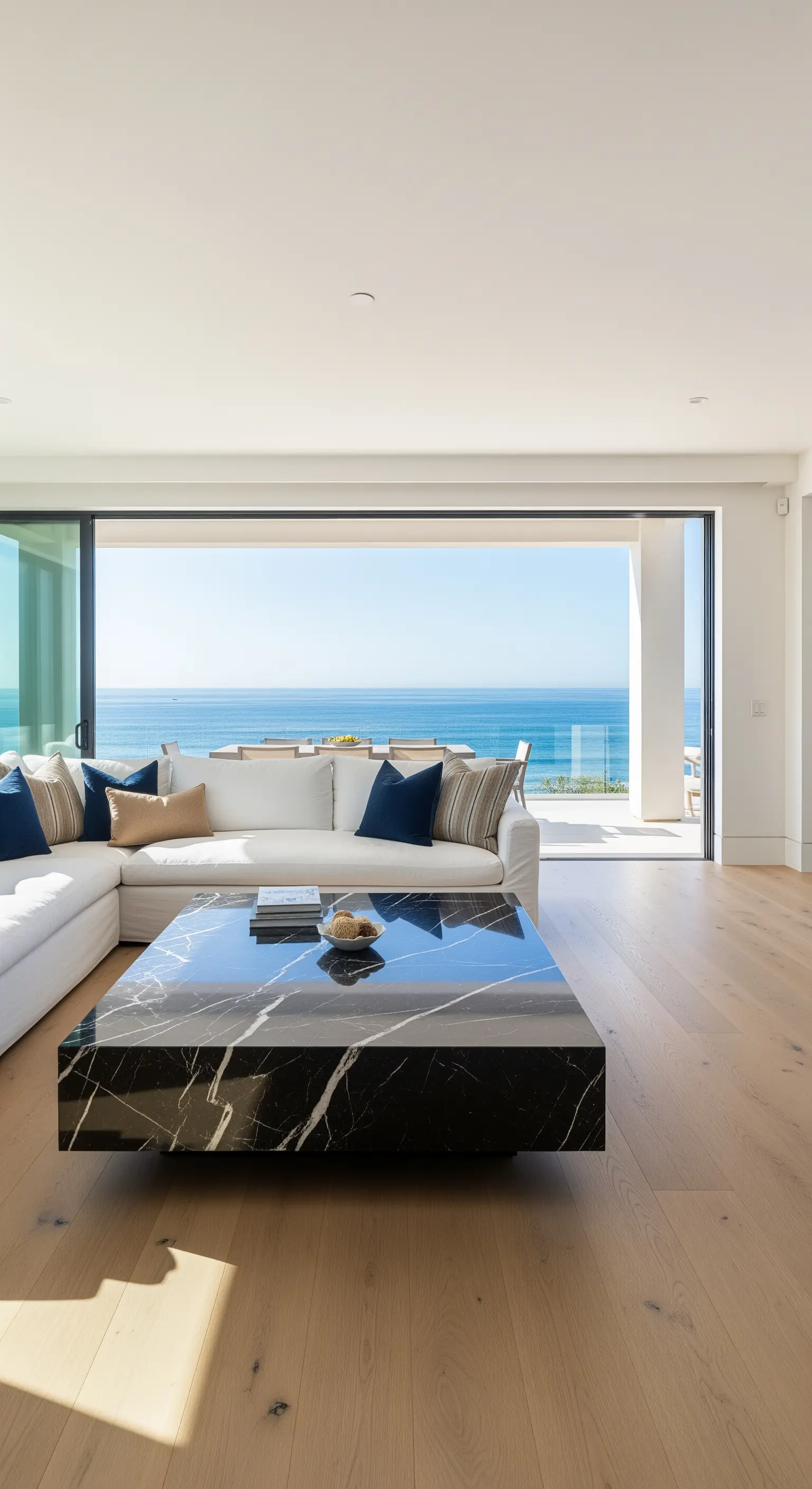 Monolithischer schwarzer Marmortisch in einem hellen Wohnzimmer mit Meerblick.