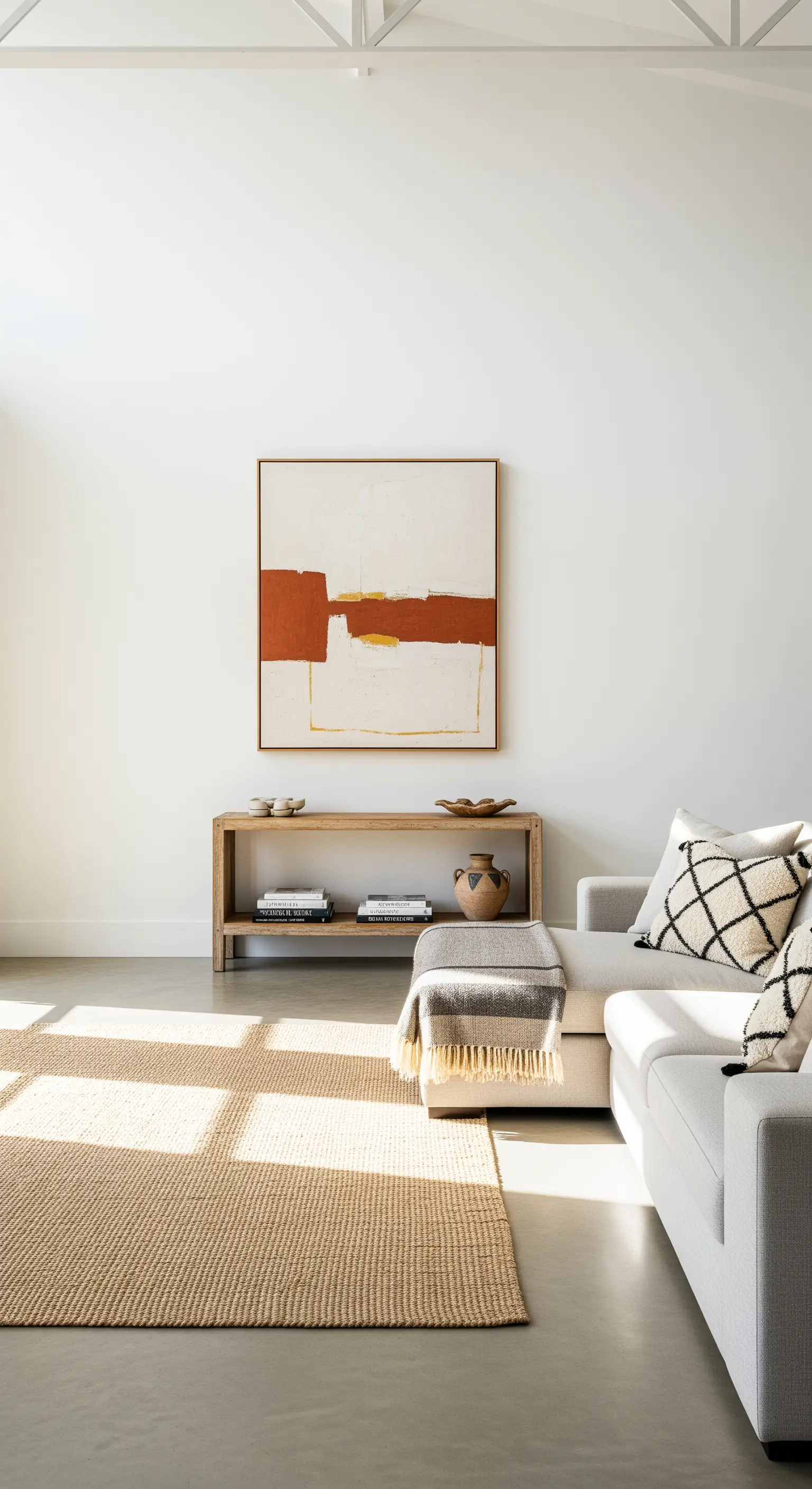 Abstrakte Kunst in Erdtönen über einer Holzkonsole in einem sonnendurchfluteten Boho-Wohnzimmer.