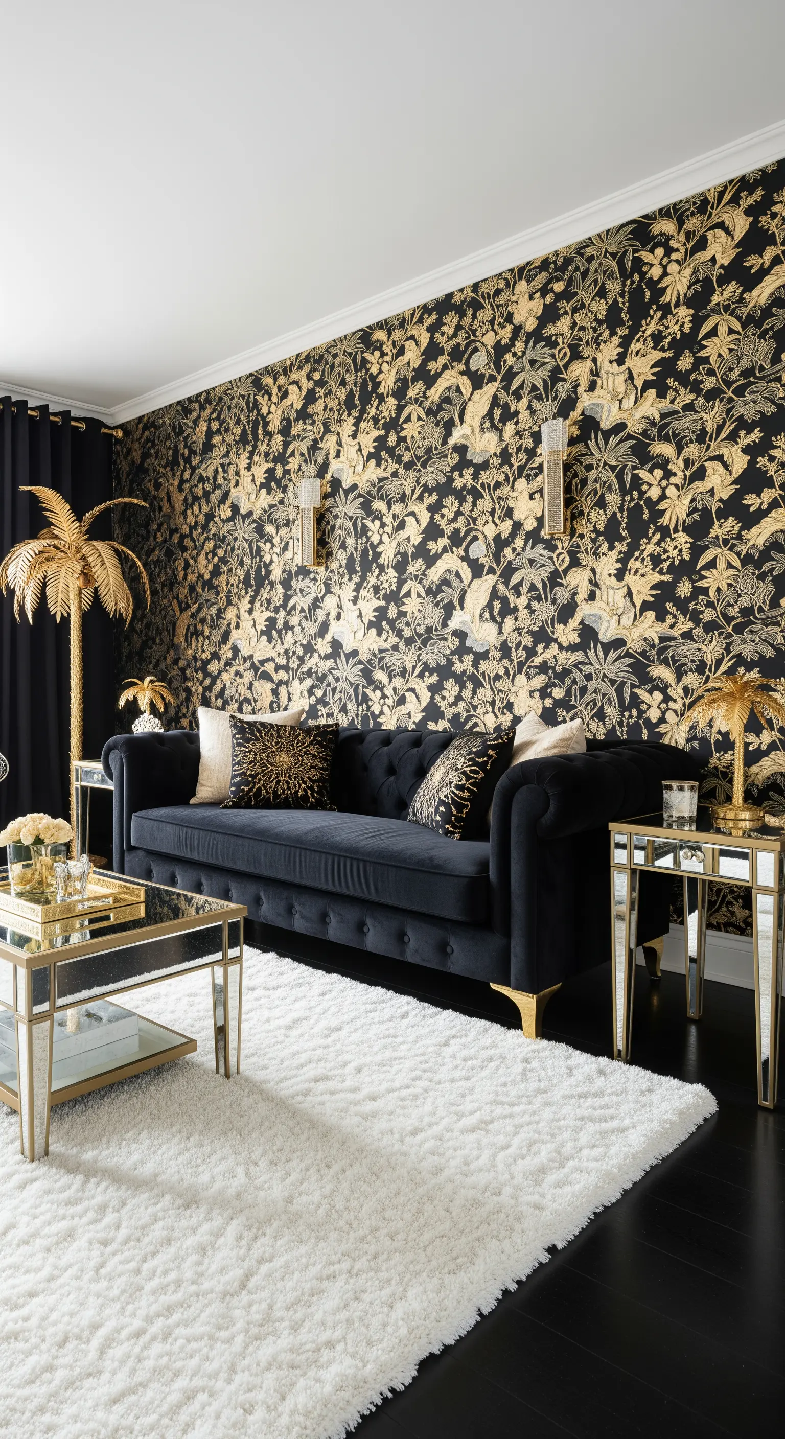 Wohnzimmer mit einer dramatischen, floralen Statement-Tapete in Schwarz und Gold hinter einem schwarzen Samtsofa.