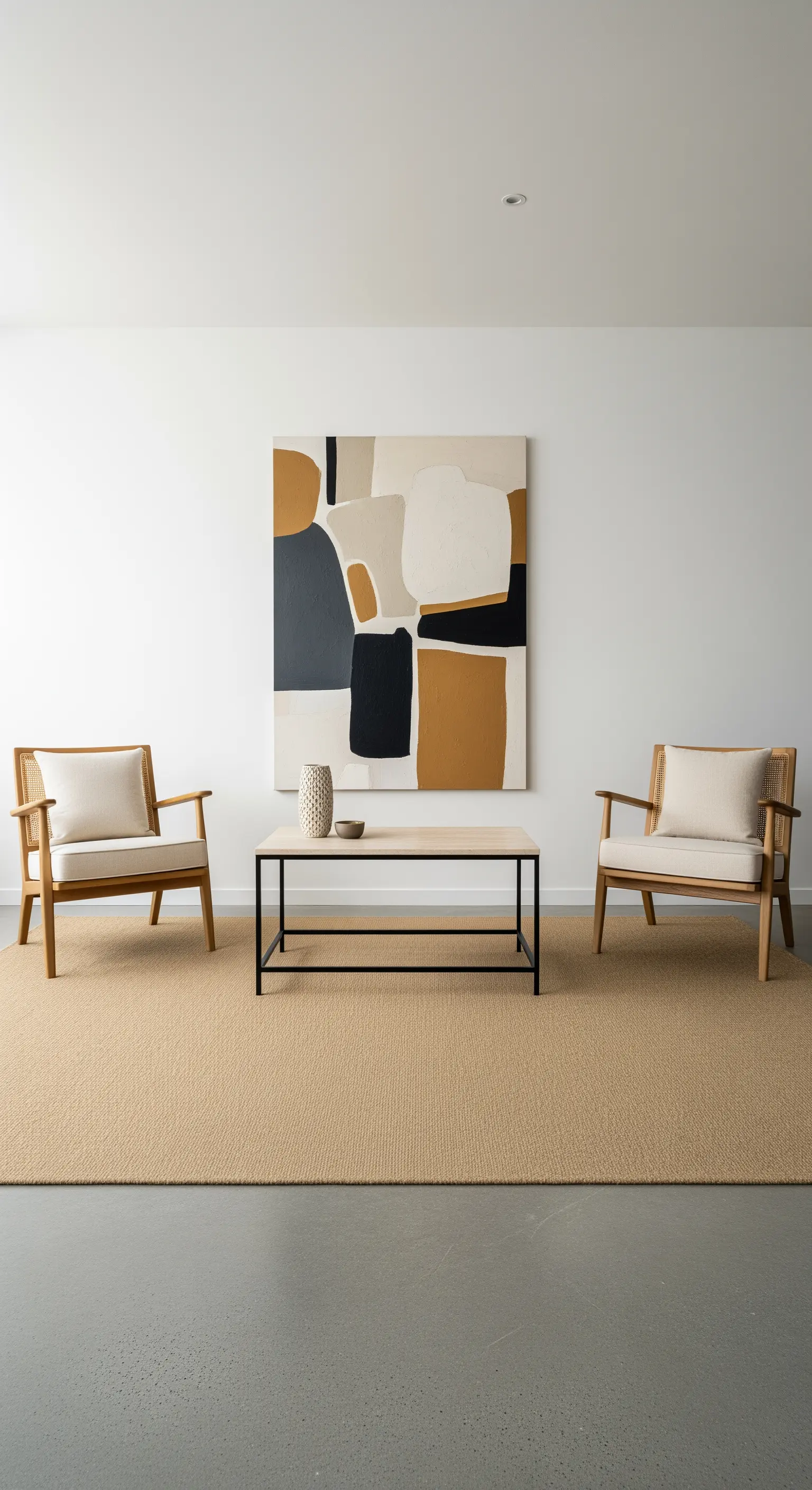 Zwei Sessel mit Wiener Geflecht vor einem großen abstrakten Kunstwerk in Erdtönen