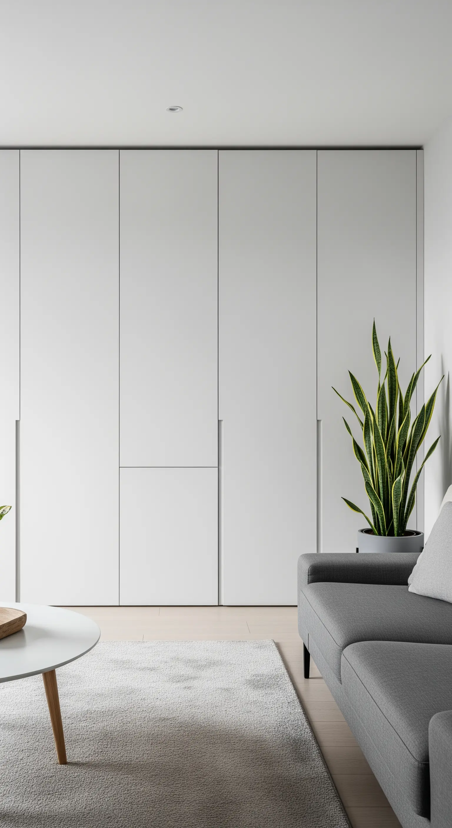 Eine nahtlose weiße Schrankwand neben einem grauen Sofa und einer hohen Pflanze