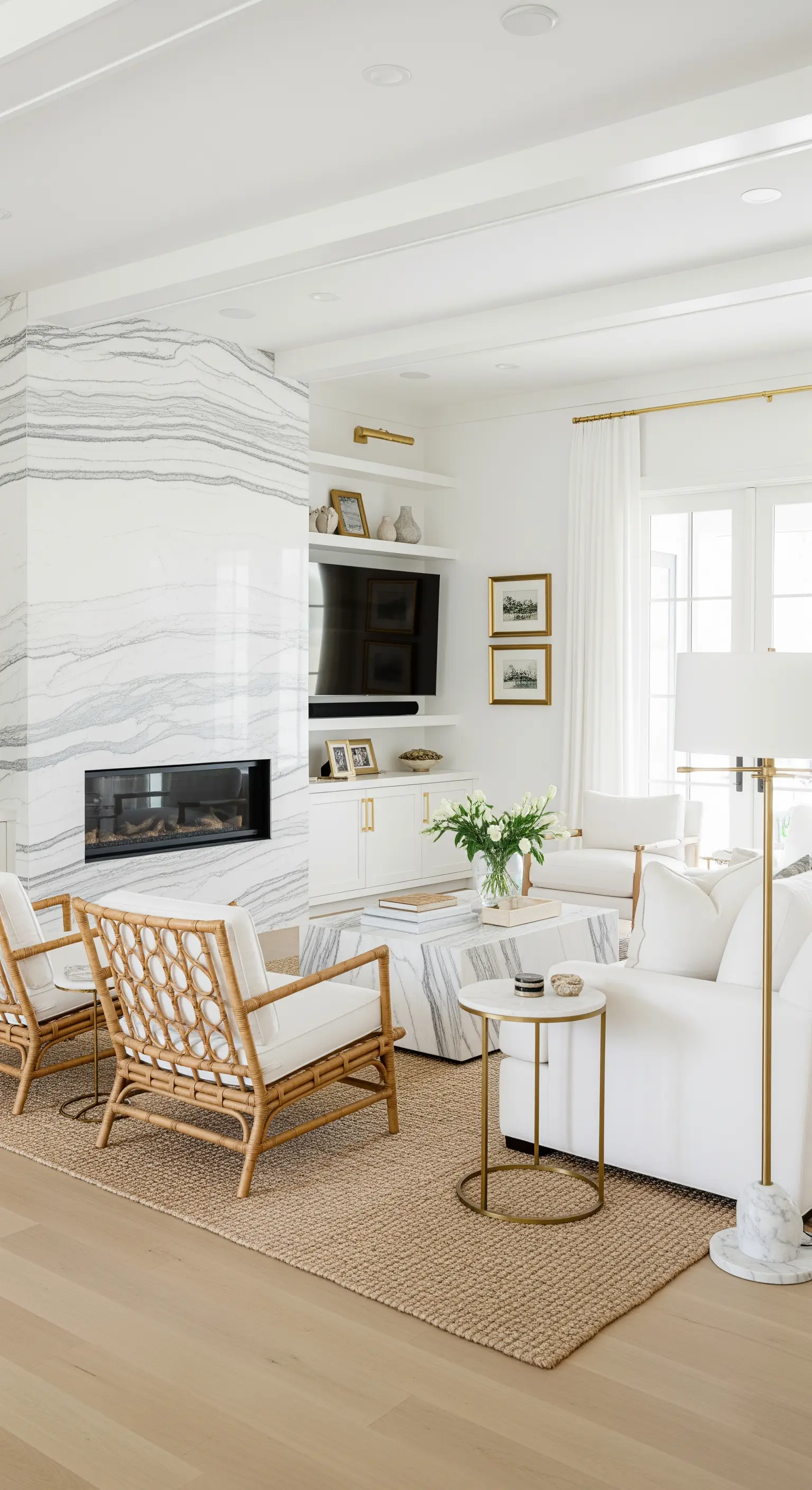 Helles Wohnzimmer mit Marmorkamin, Rattan-Sesseln und Jute-Teppich.