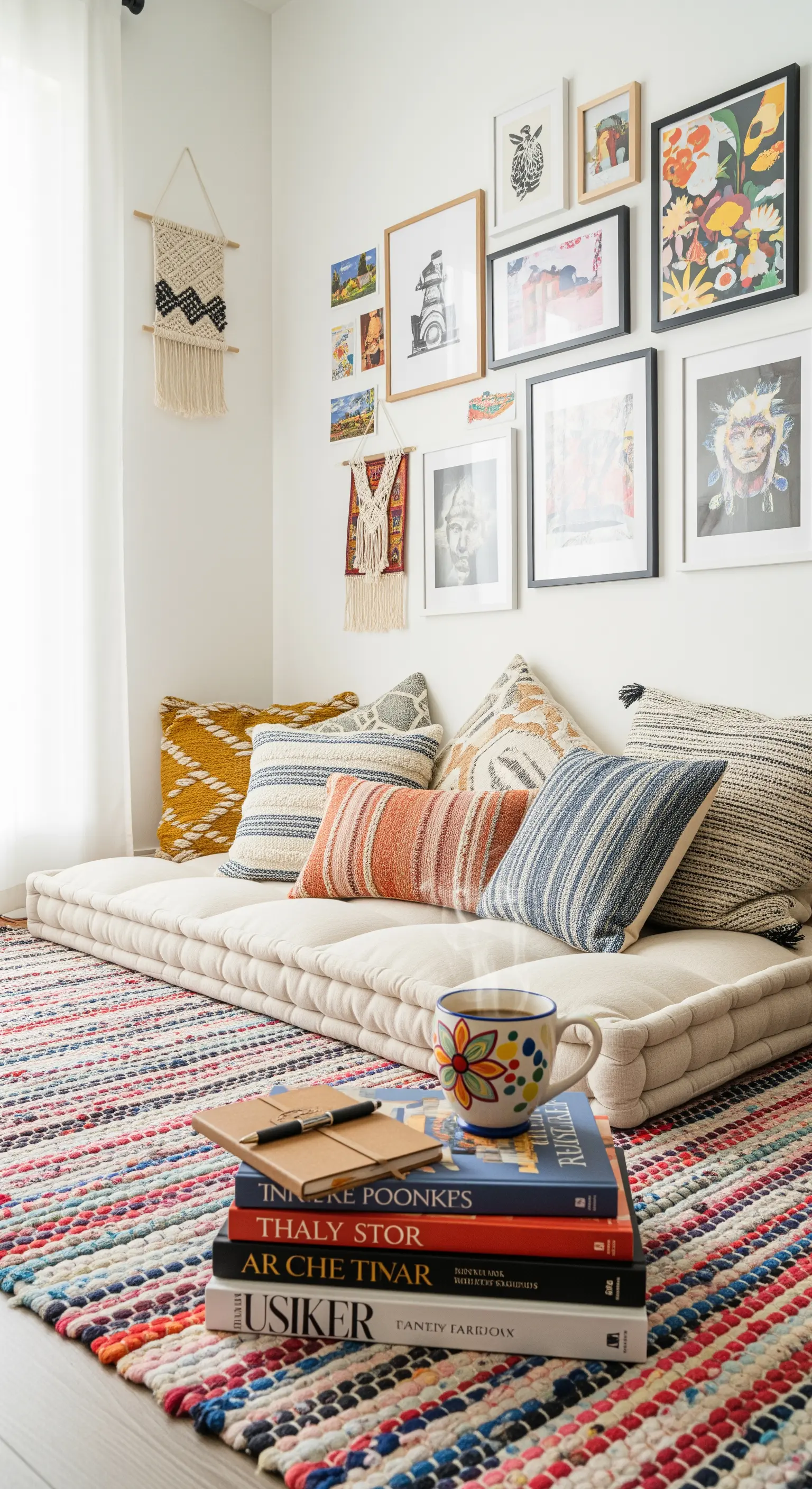 Leseecke mit Bodenmatratze, vielen Kissen und einer bunten Bilderwand.