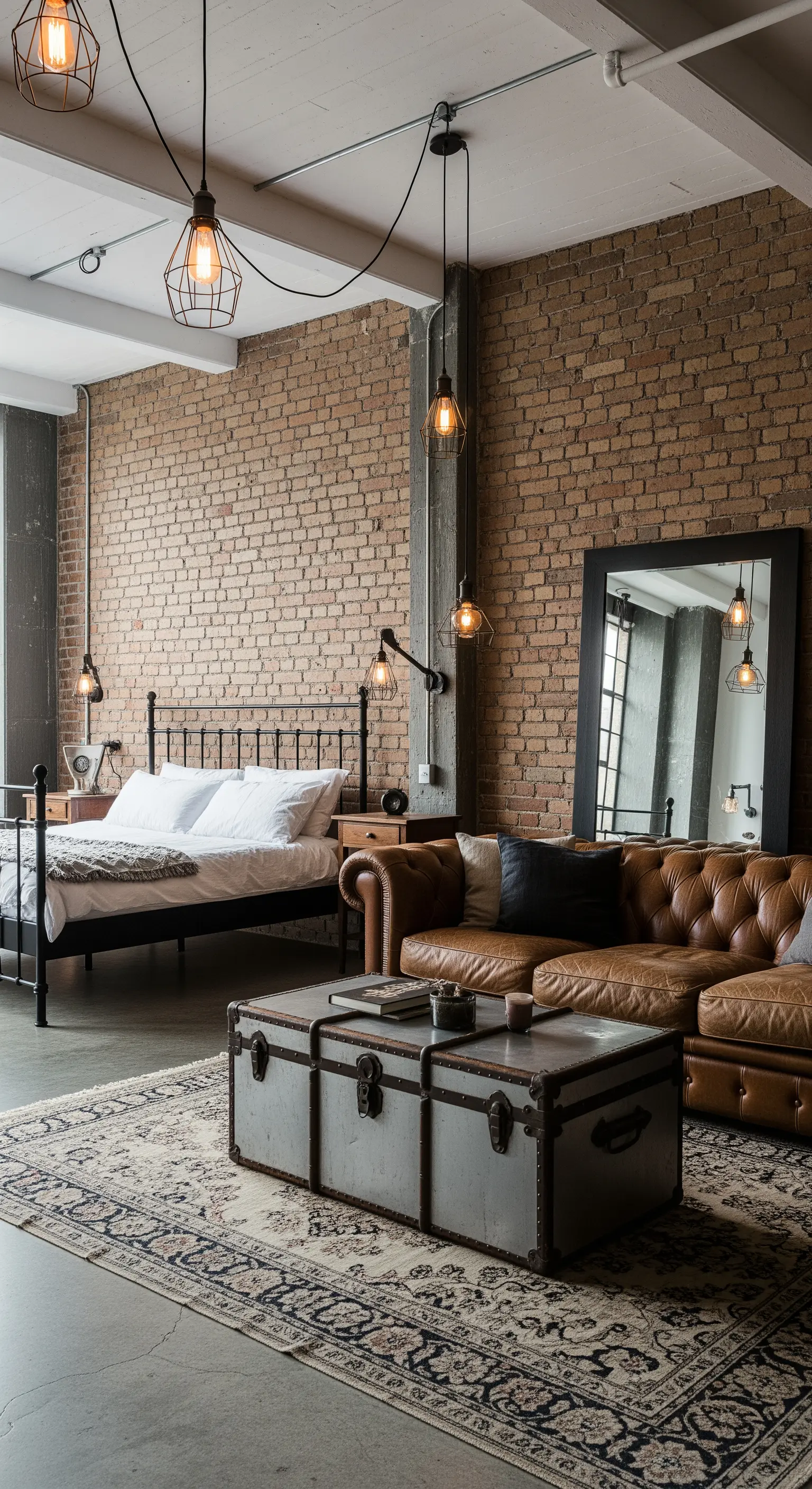 Industrielles Loft-Schlafzimmer mit Ledersofa, Ziegelwand und einem großen Teppich.
