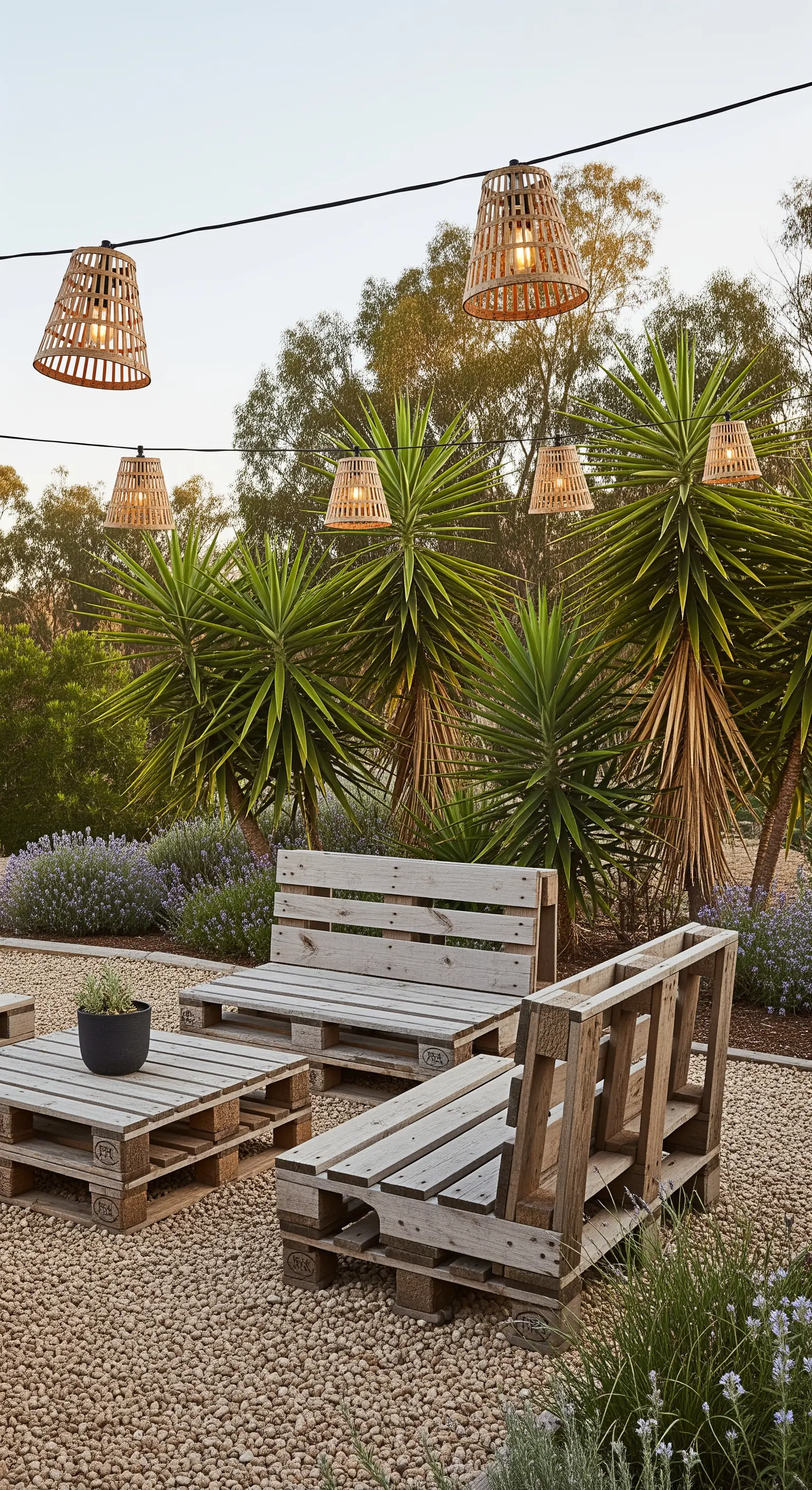 Sitzgruppe aus Europaletten in einem Kiesgarten, beleuchtet von einer Lichterkette mit Rattan-Lampenschirmen.