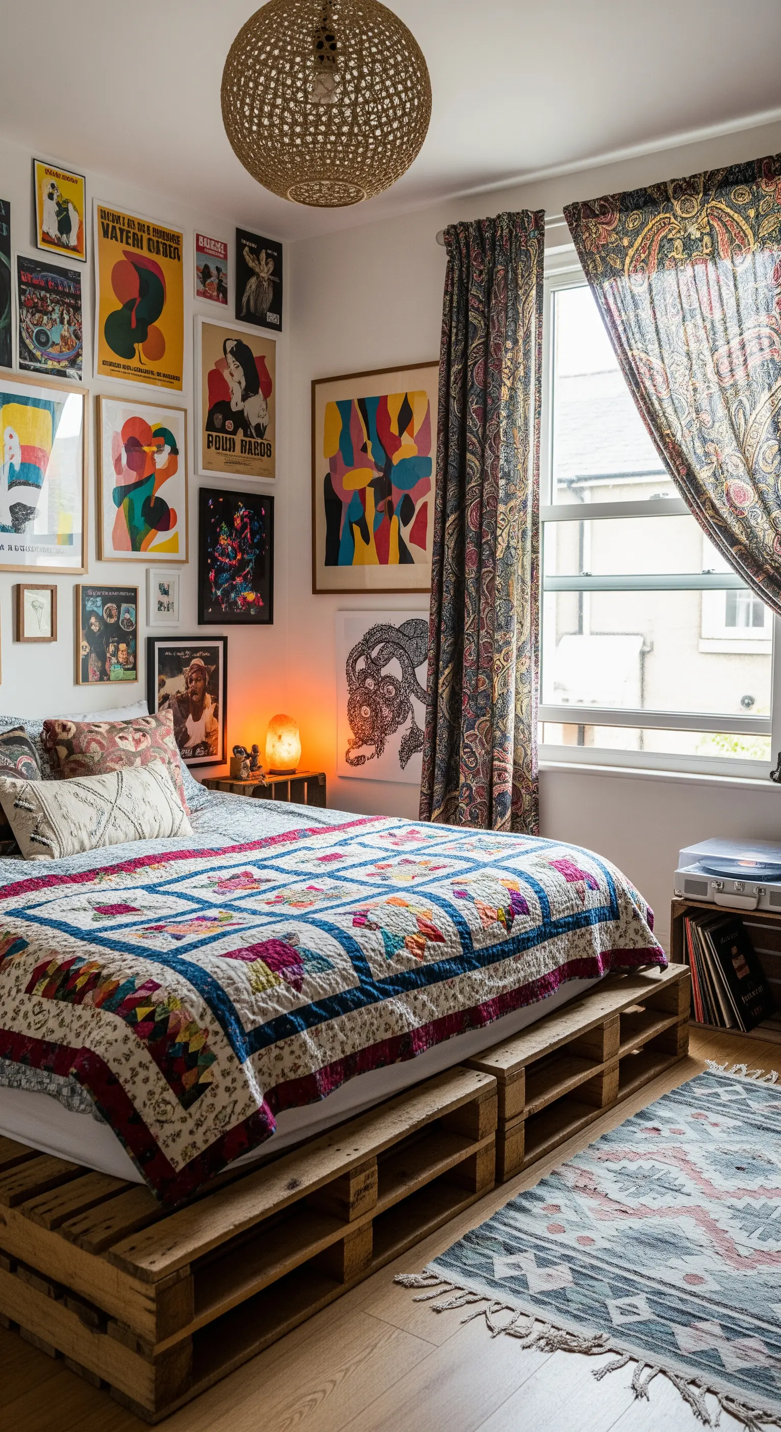 Kreatives Boho-Schlafzimmer mit einem Bett aus Paletten und einer bunten Gallery Wall.