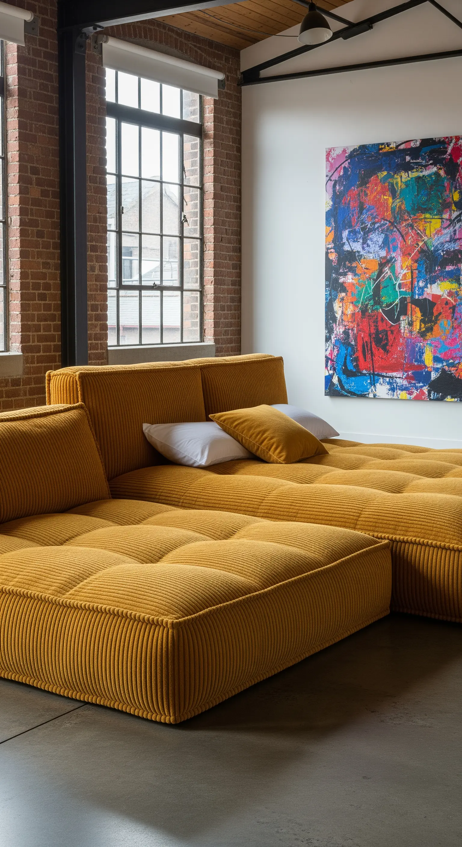 Modulares, bodentiefes Bett aus senfgelbem Cord in einem Industrie-Loft