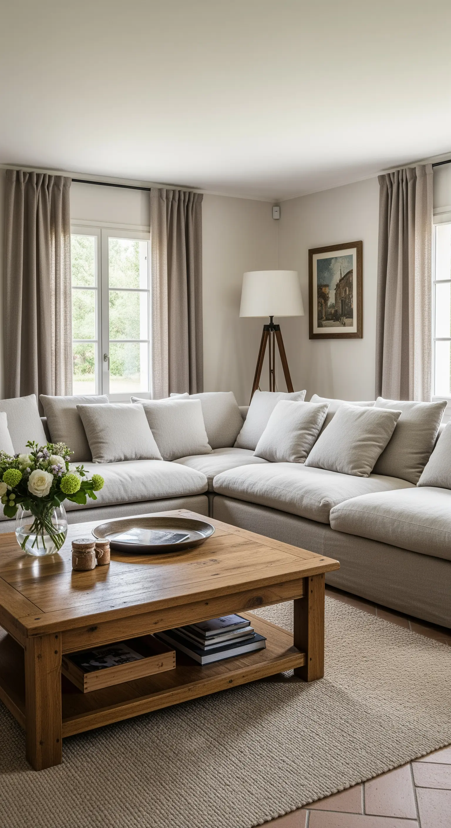 Gemütliches Landhaus-Wohnzimmer mit einem großen beigen Leinensofa und einem rustikalen Holztisch.