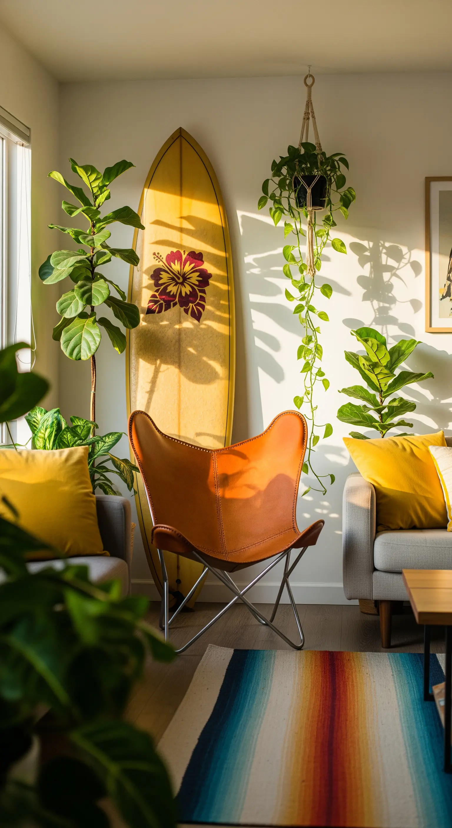 Surf-Chic Wohnzimmer, Surfbrett-Deko, bunter Teppich, Pflanzen, Ledersessel