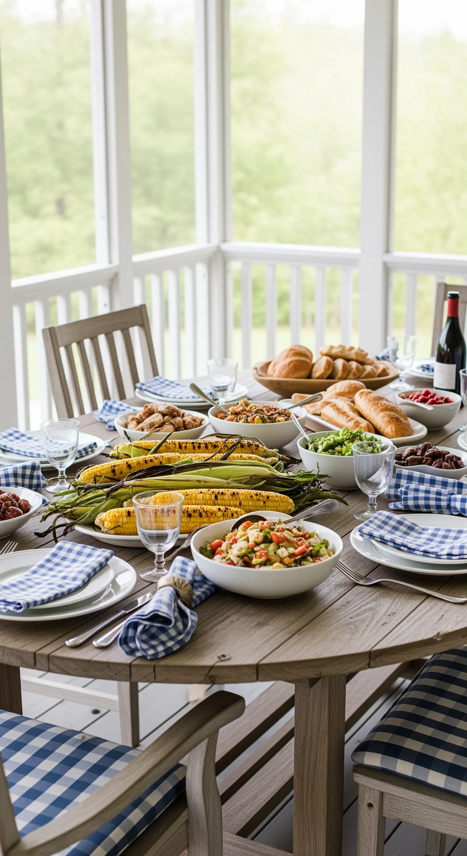 Reich gedeckter Holztisch mit gegrilltem Mais, Salaten und blau-weiß karierten Servietten.