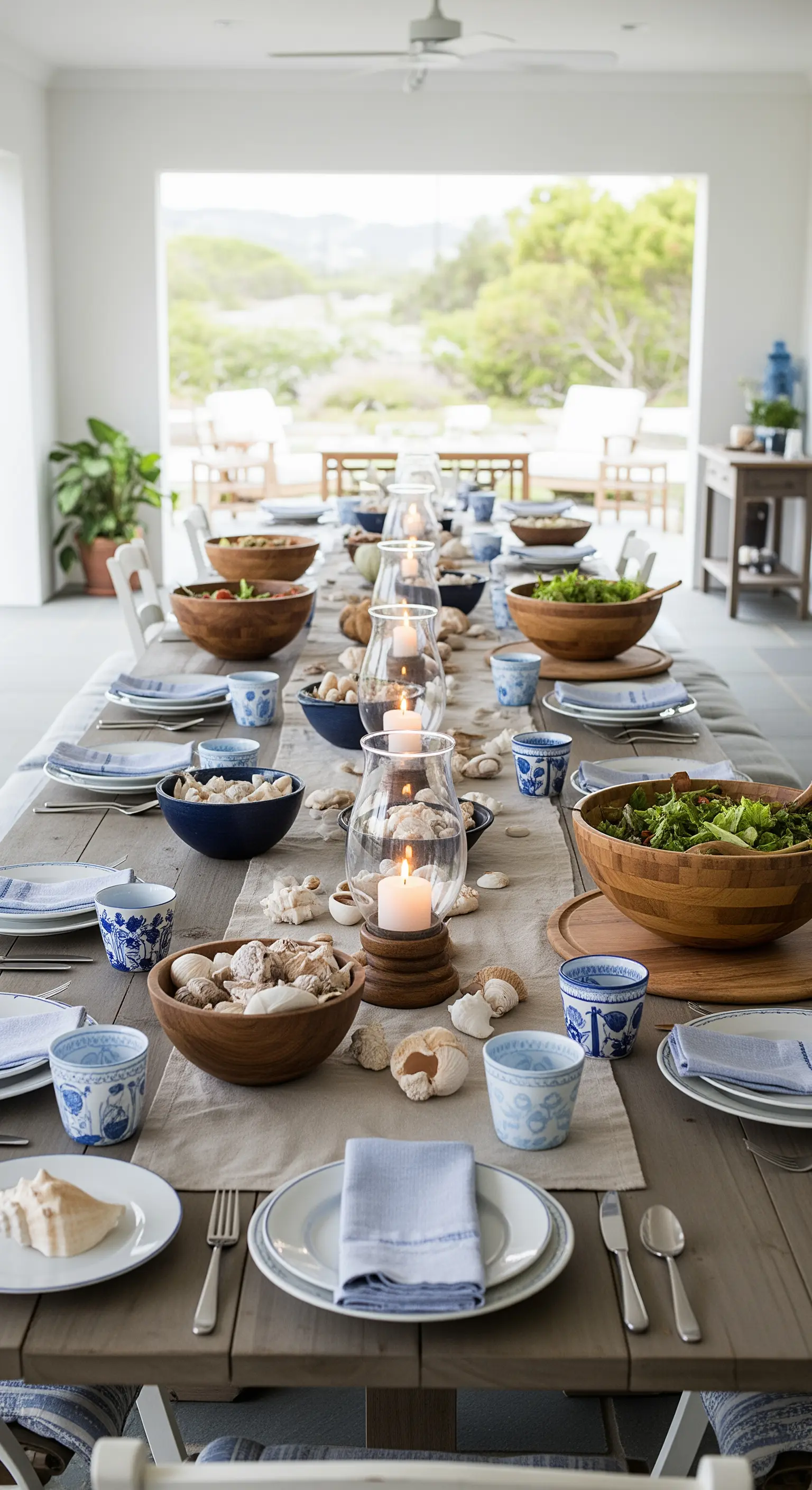 Langer Holztisch mit Salatschüsseln, Muscheln und Kerzen für ein ungezwungenes Essen.