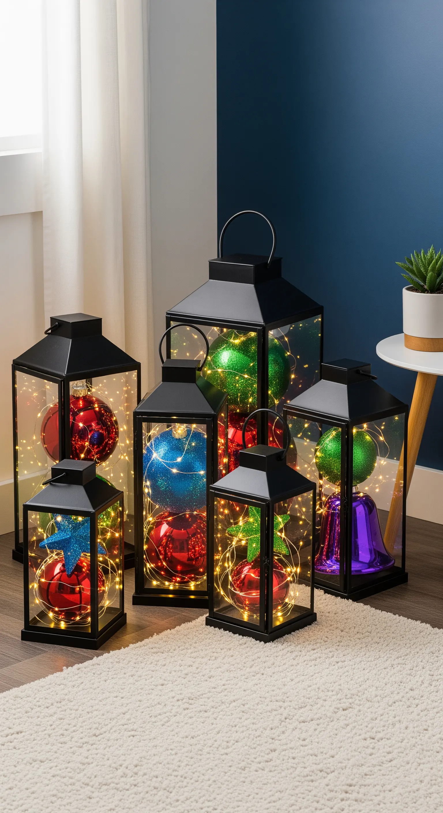 Verschiedene Laternen, gefüllt mit bunten Weihnachtskugeln und Lichterketten, auf dem Boden.