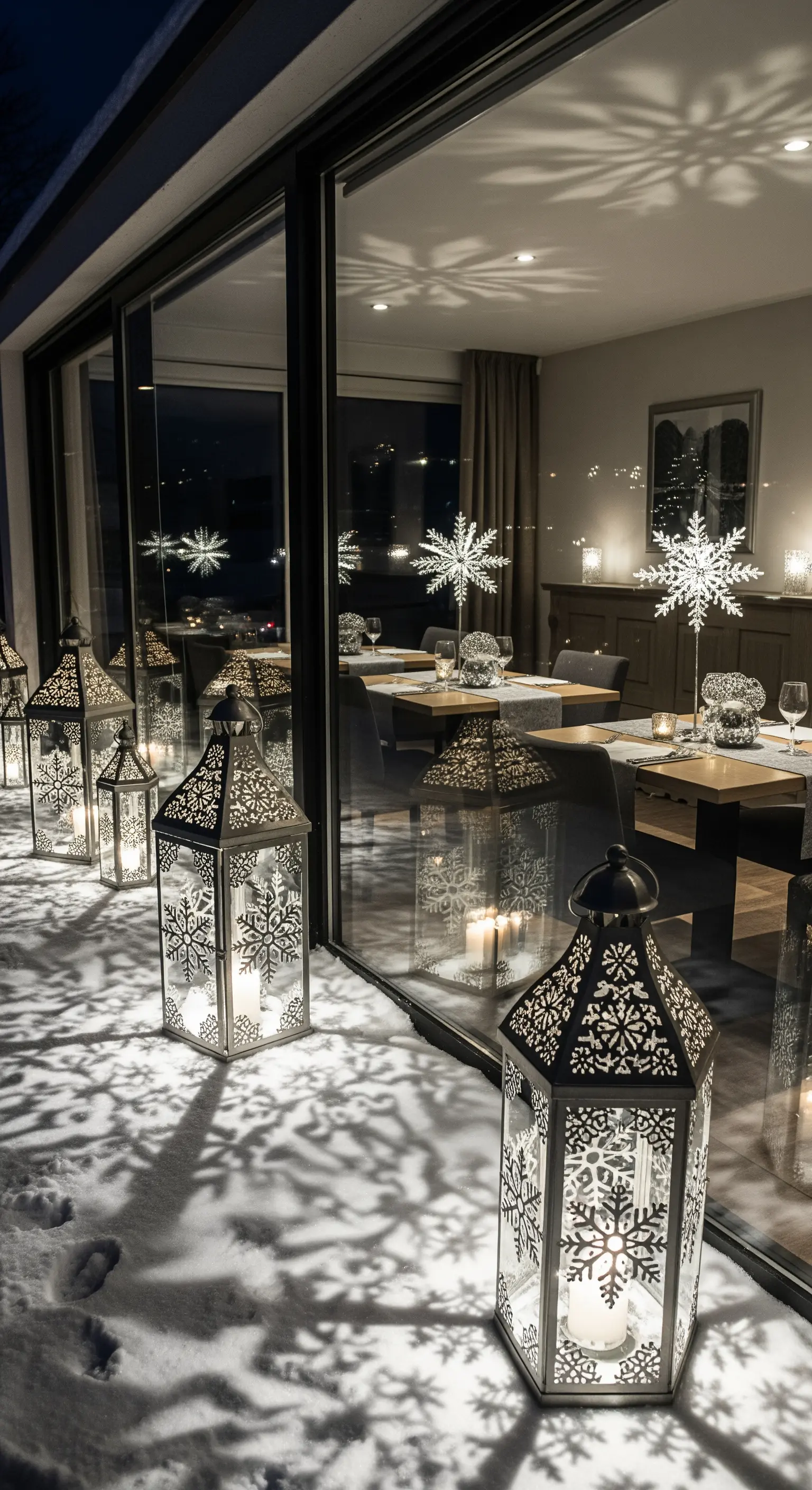Laternen mit Schneeflocken-Mustern, die Schatten werfen, vor einem Fenster mit Schnee
