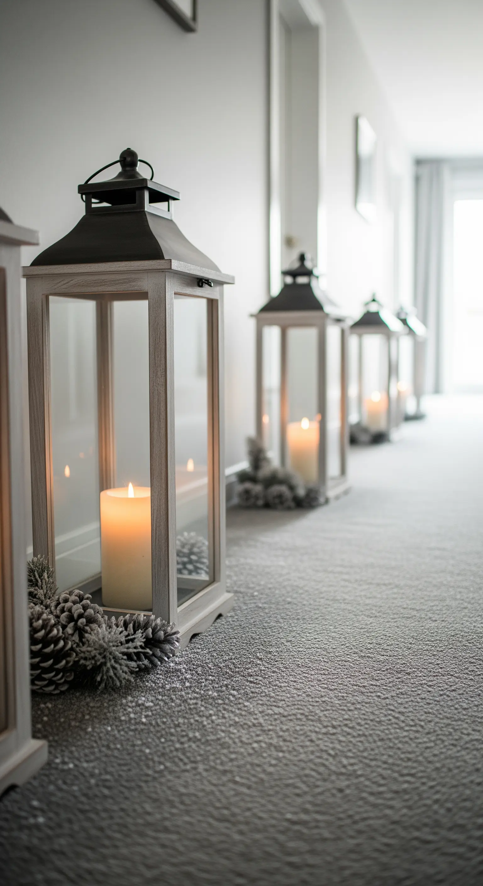 Reihe von Holz-Laternen mit Kerzen und gefrosteten Tannenzapfen auf Teppich.