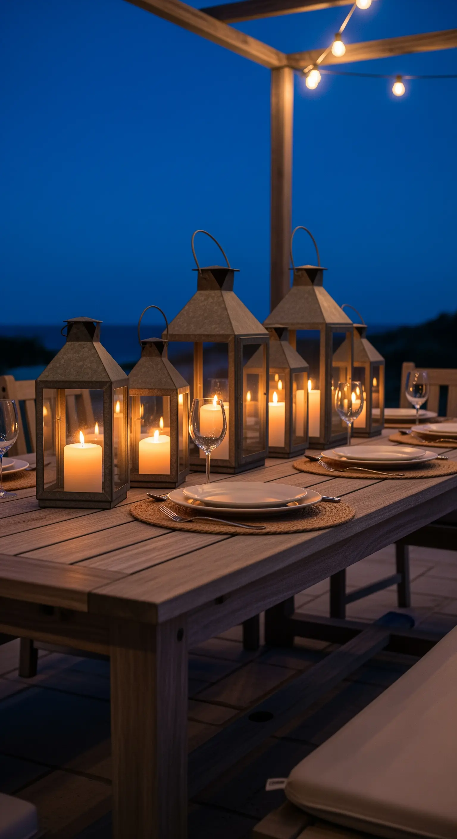 Tisch im Freien bei Dämmerung, beleuchtet durch eine Reihe von Laternen mit Kerzen.