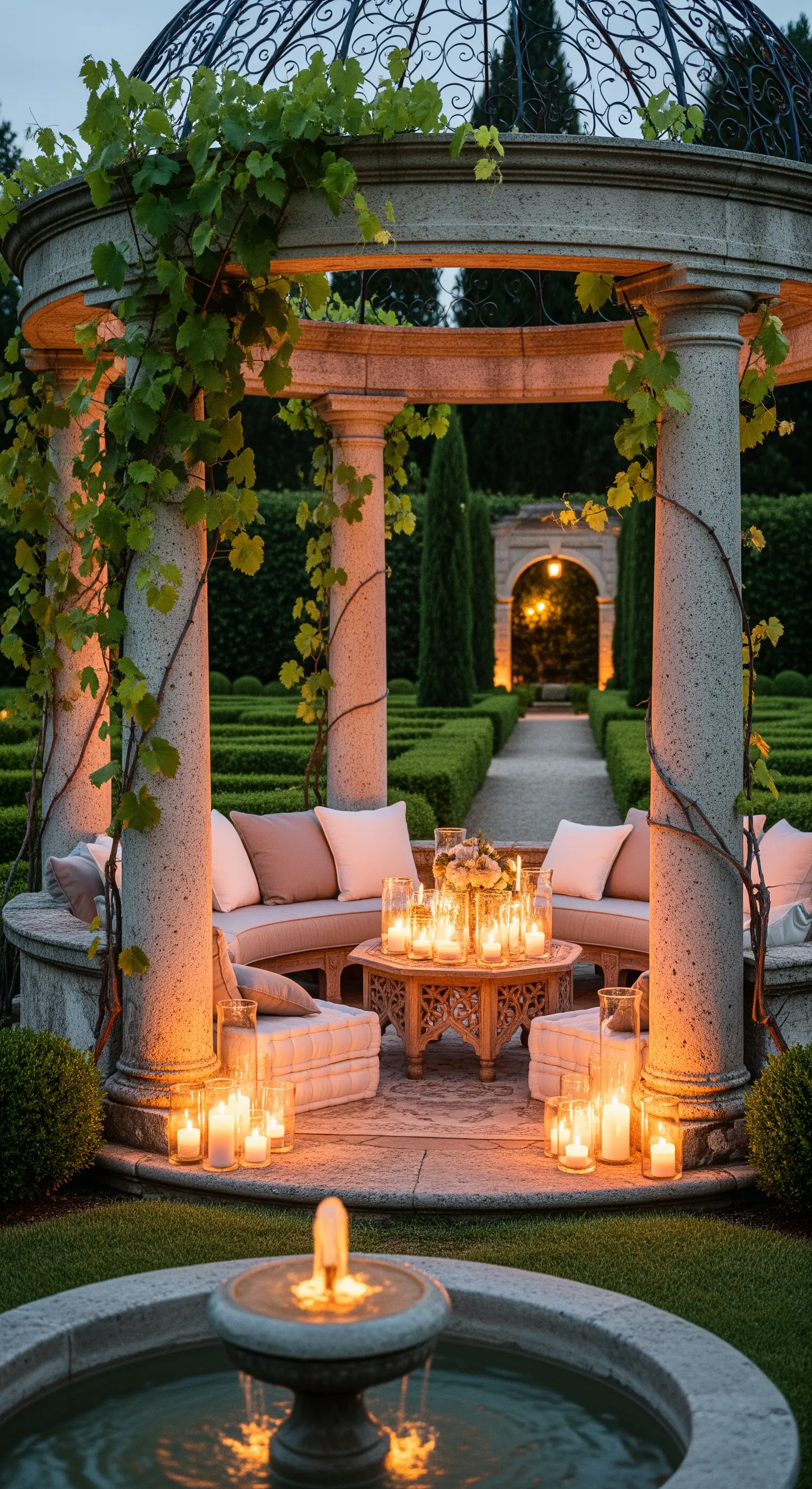 Stein-Pavillon mit Weinreben, Sitzgelegenheiten und Kerzenarrangement