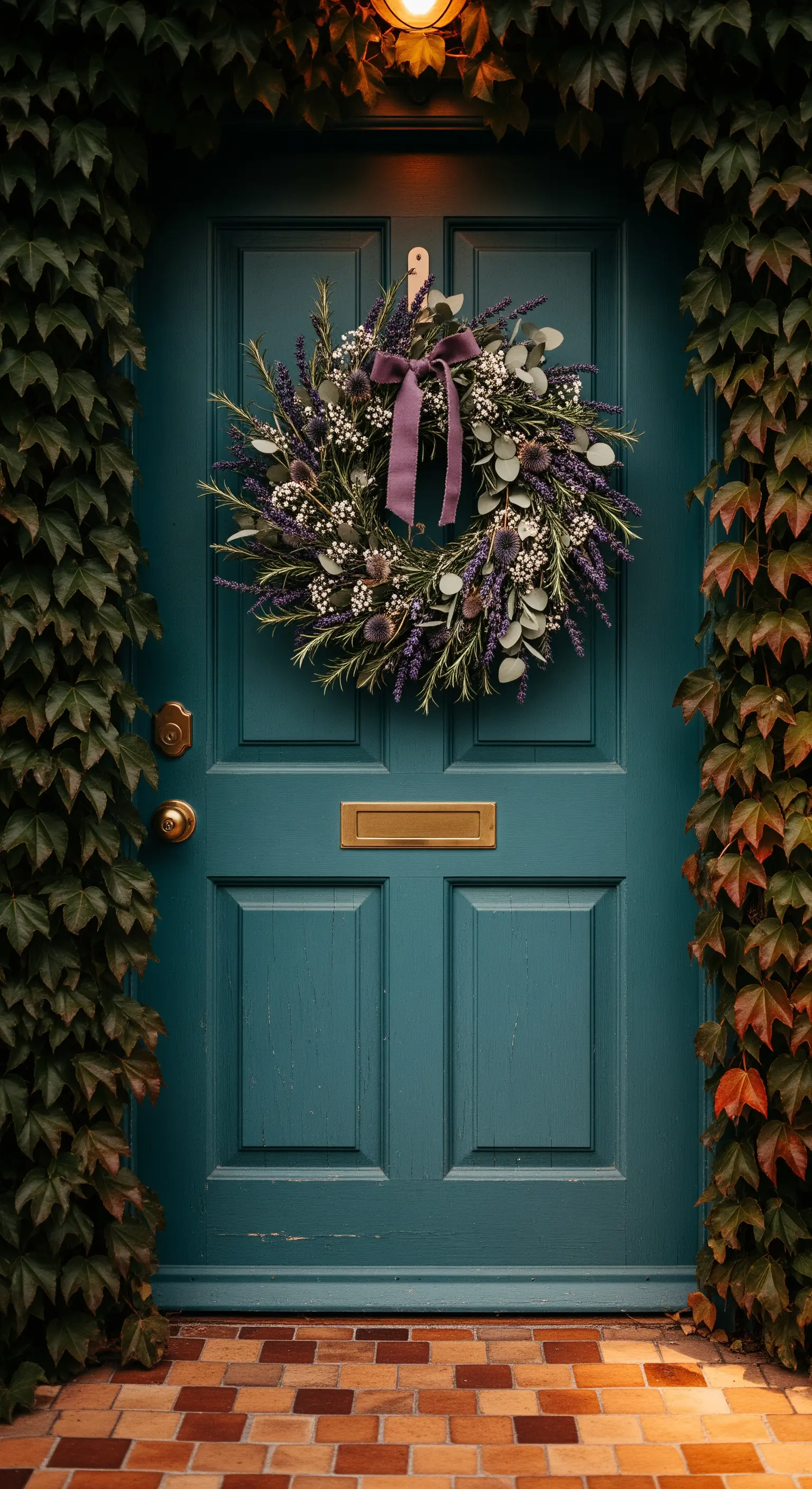 Petrolfarbene Tür mit Lavendel-Eukalyptus-Kranz und Efeu-Umrahmung