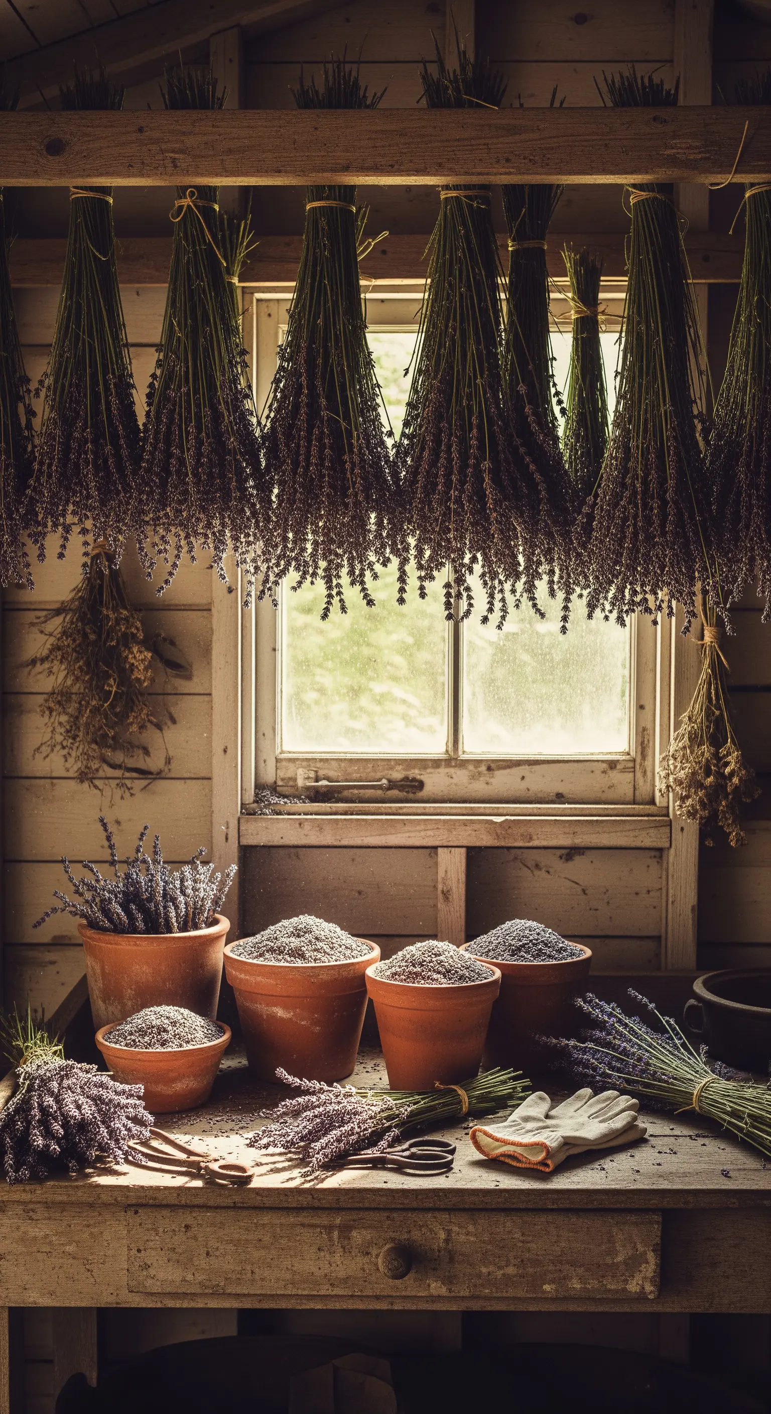 Lavendelsträuße hängen in rustikaler Werkstatt mit Terrakotta-Töpfen
