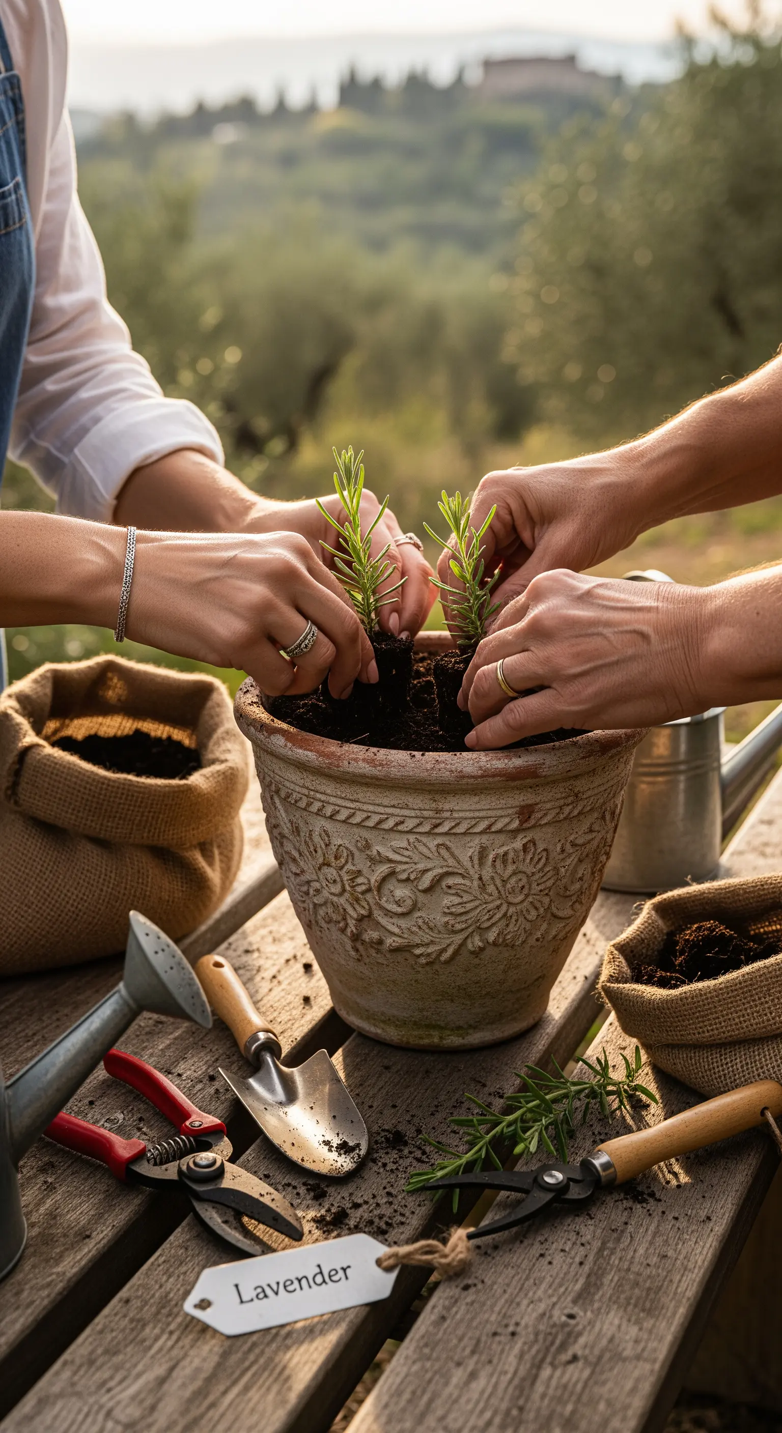 Hände pflanzen Lavendel in Terrakotta-Topf auf Holzbank mit Gartengeräten