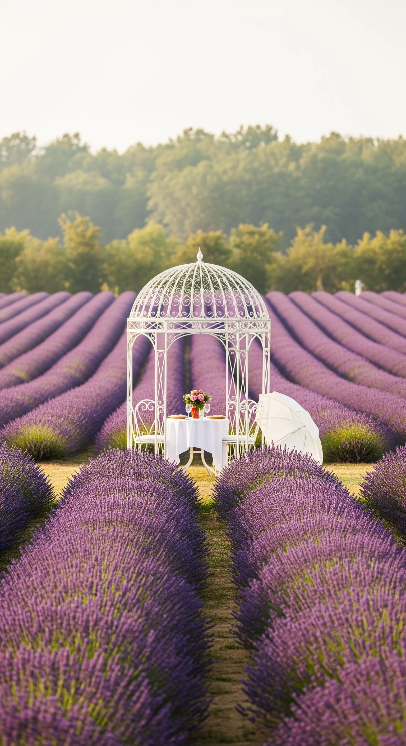 Weißer Metallpavillon mit Tisch und Stühlen in Lavendelfeld.
