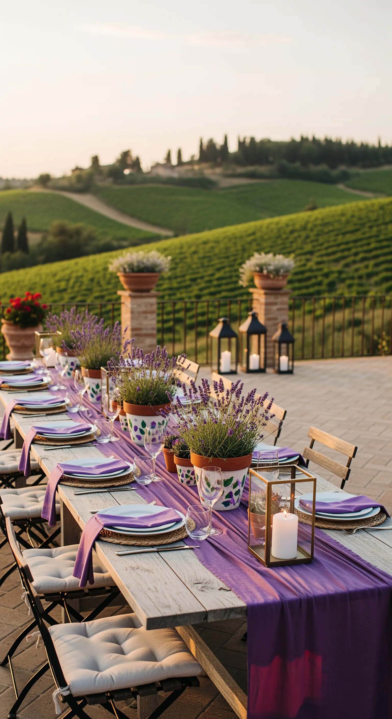 Lange Tafel mit Lavendeltöpfen, violettem Läufer und Laternen im Sonnenuntergang