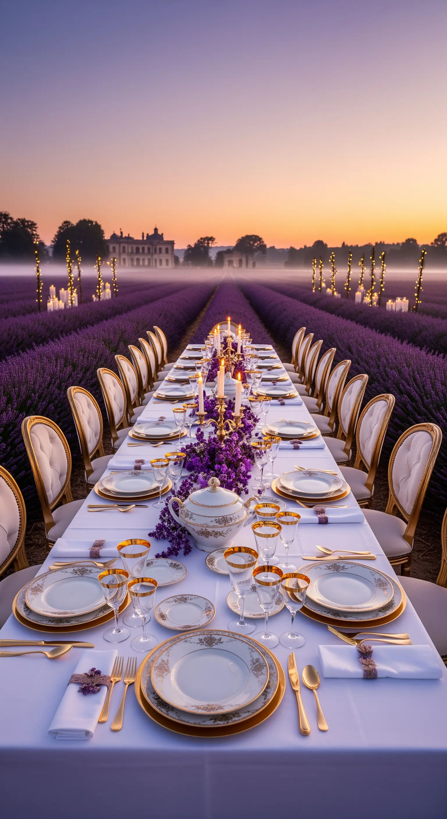 Lange Tafel in Lavendelfeld mit goldenen Stühlen, violetter Blumen-Deko, Gold-Porzellan