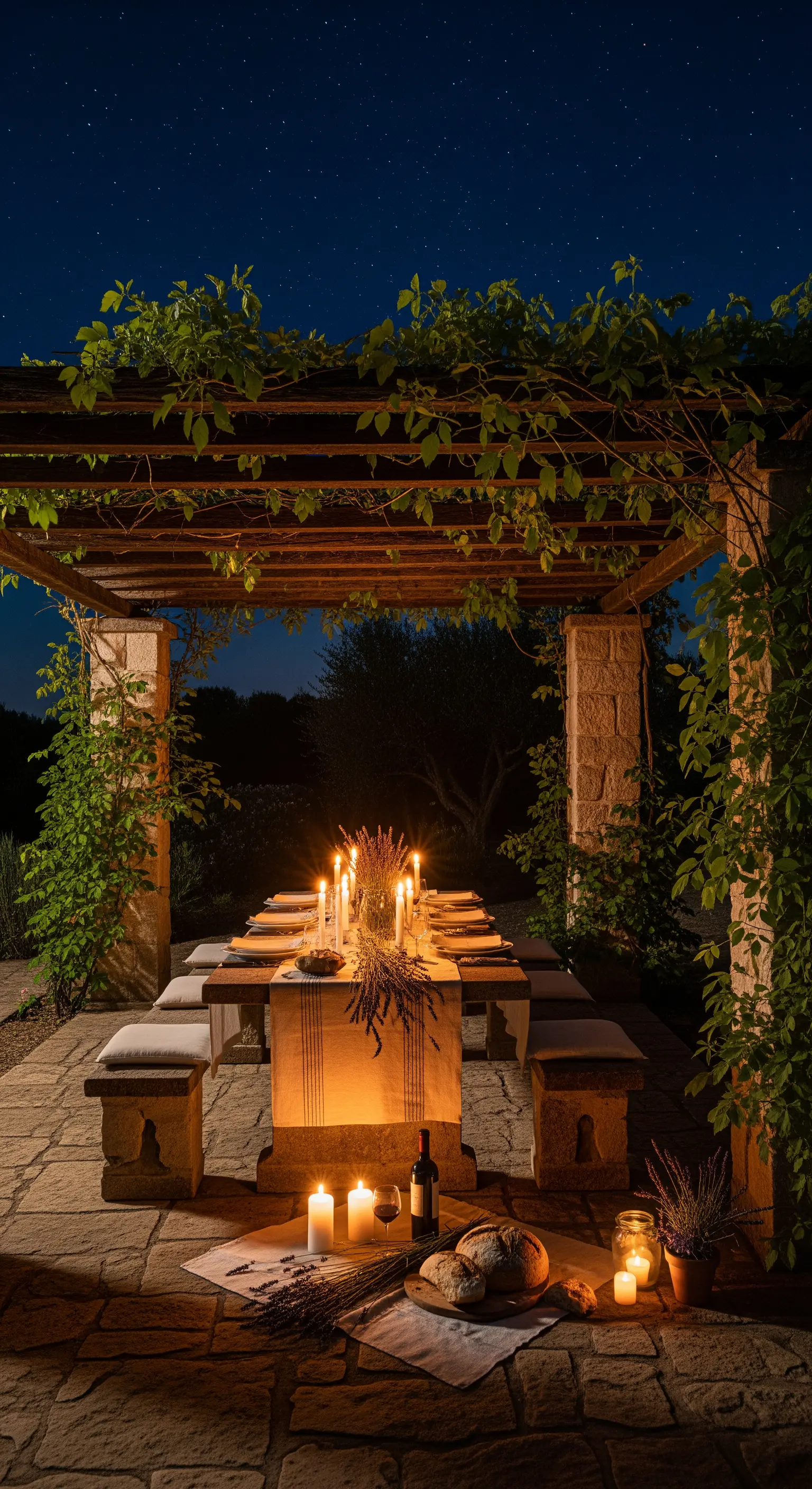 Steinpergola, Holztisch, Lavendel, Kerzen, rustikales Ambiente