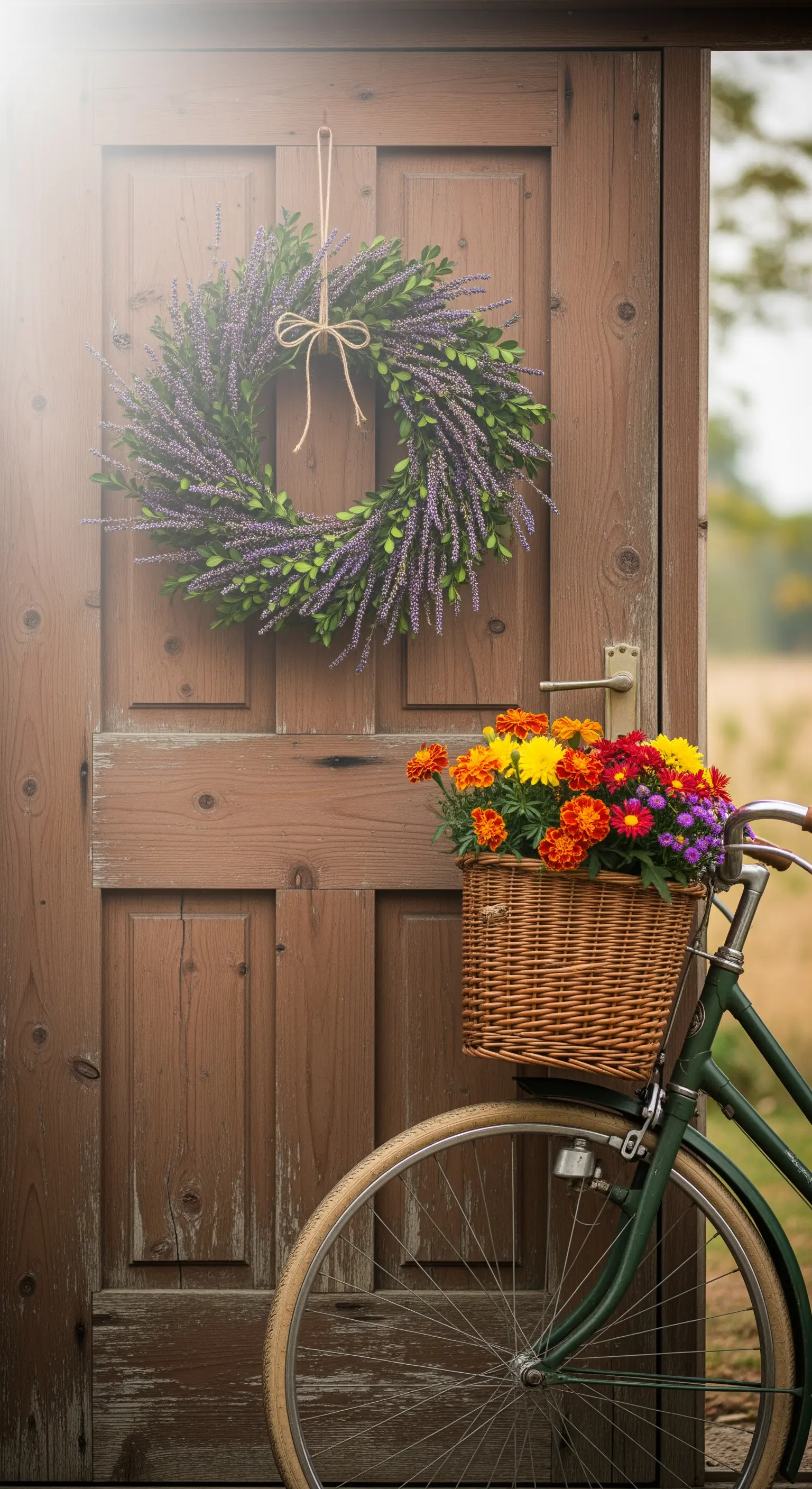 Lavendelkranz an Holztür, Vintage-Fahrrad mit Blumenkorb