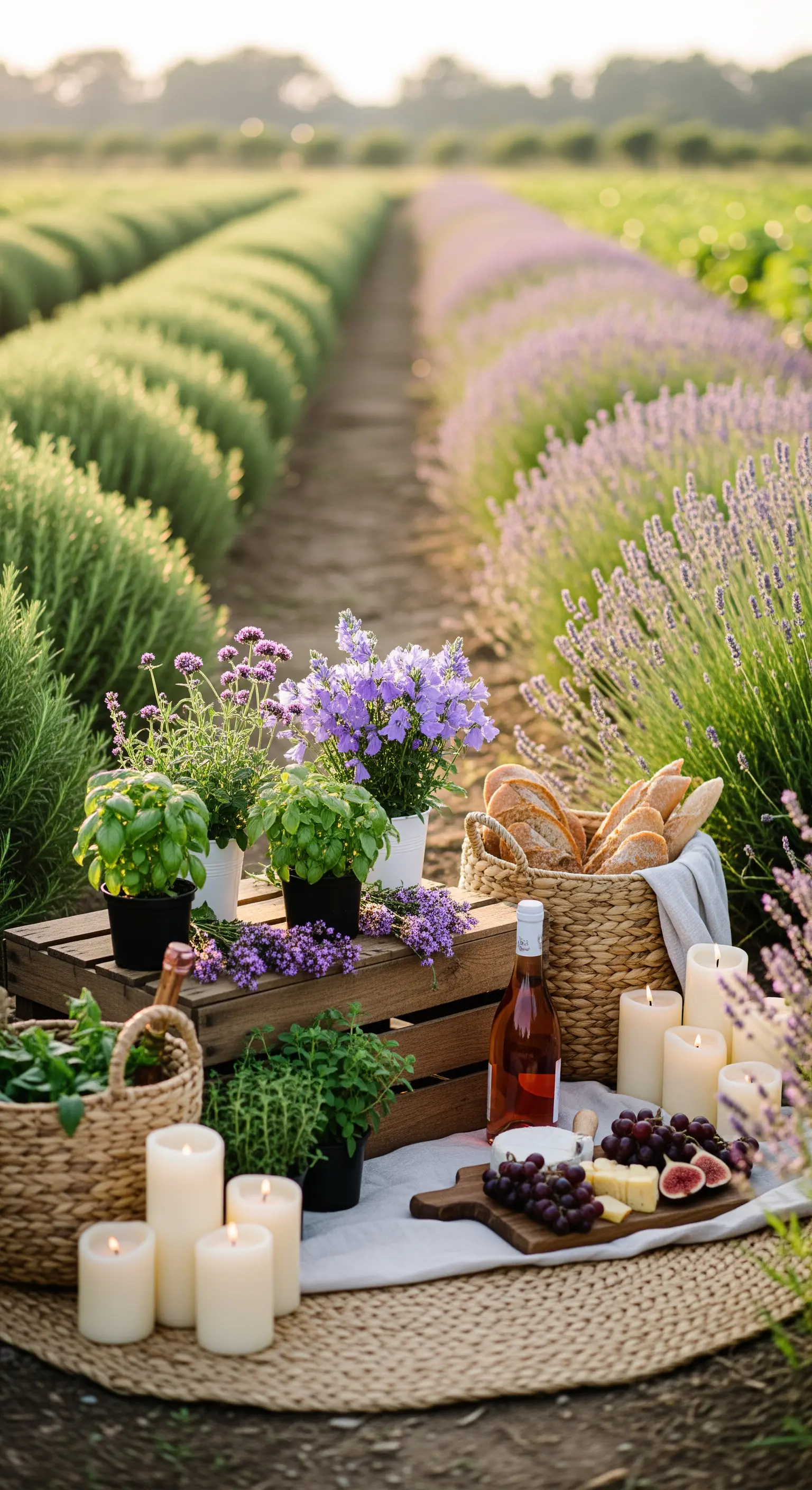 Picknick im Lavendelfeld mit Kräutern, Käseplatte, Brot und weißen Stumpenkerzen.