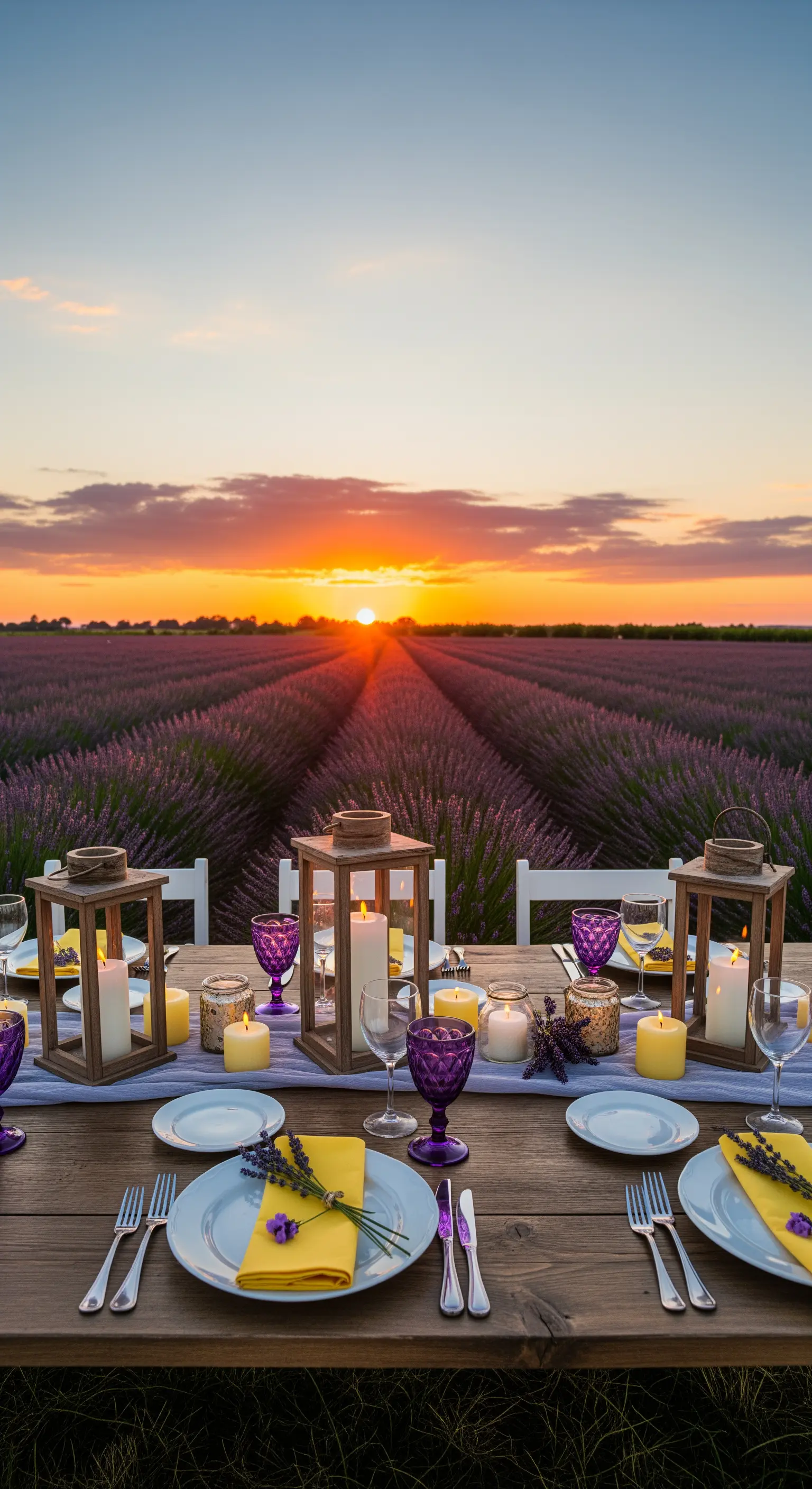 Holztisch in Lavendelfeld mit Laternen, Kerzen, blauen Tellern und gelben Servietten