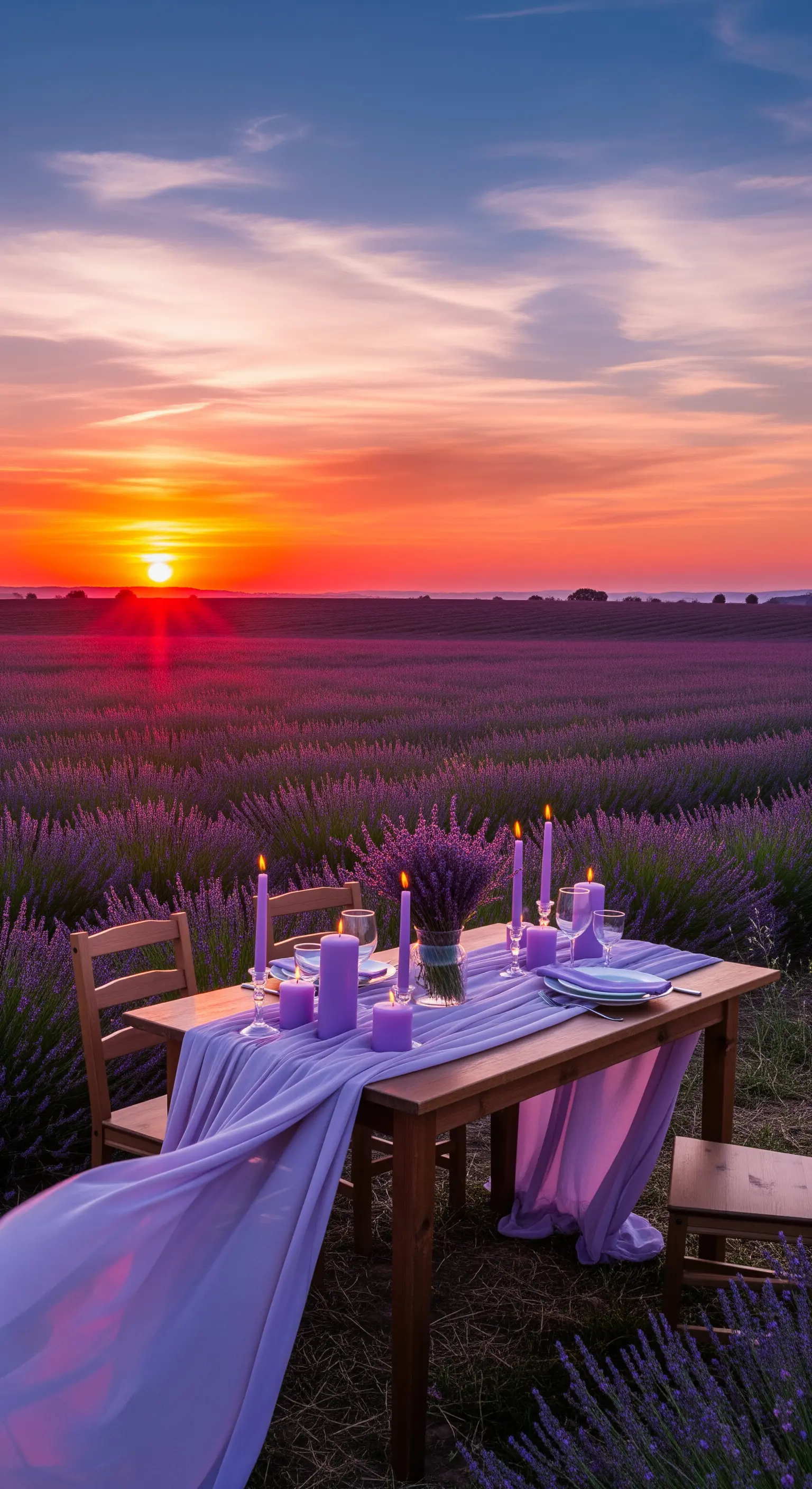 Holztisch mit lila Tischdecke, Lavendelstrauß und lila Kerzen in einem Lavendelfeld bei Sonnenuntergang.
