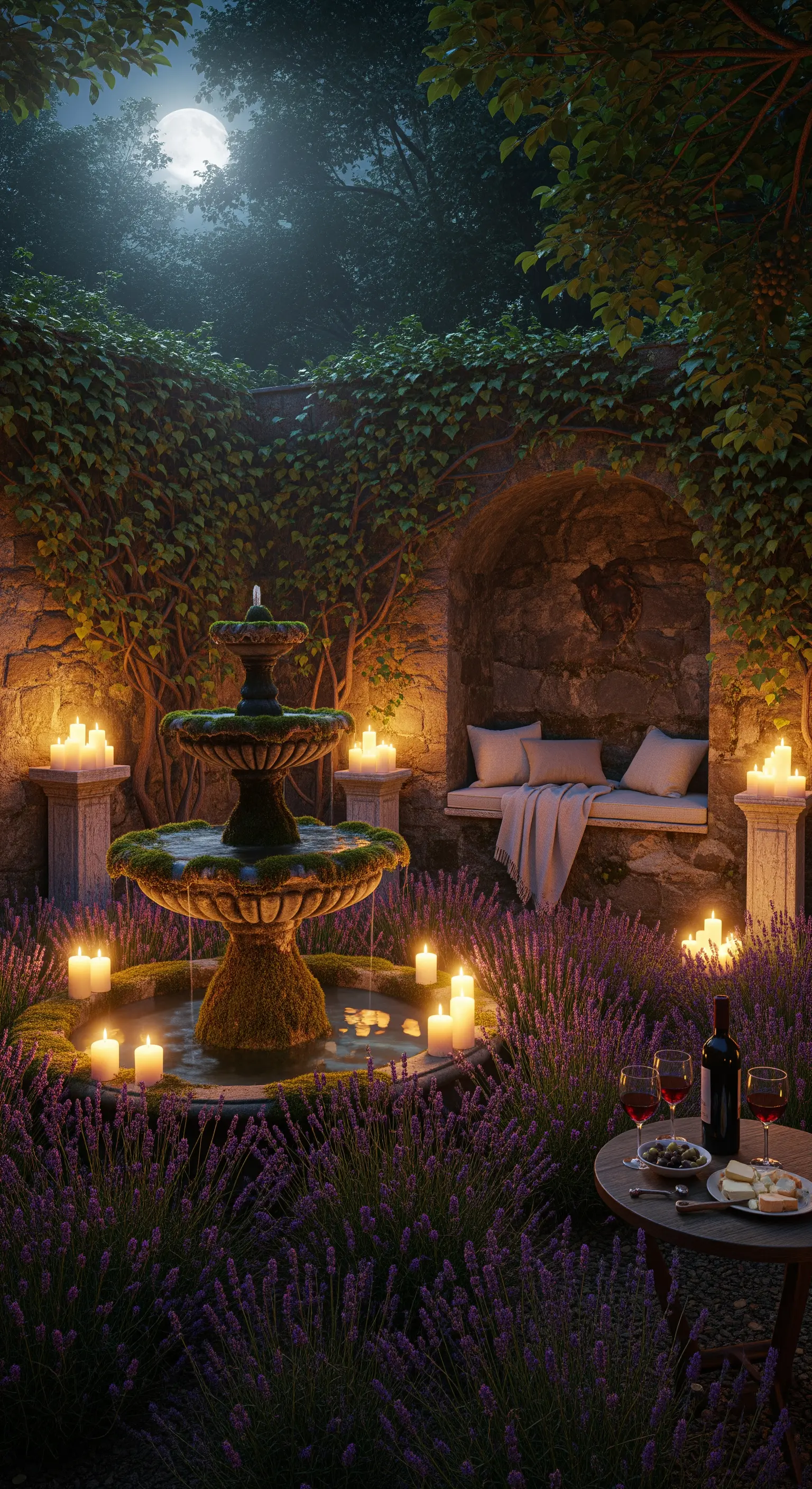 Lavendelgrotte mit dreistufigem Brunnen, vielen Kerzen und Sitzecke unter dem Mondschein