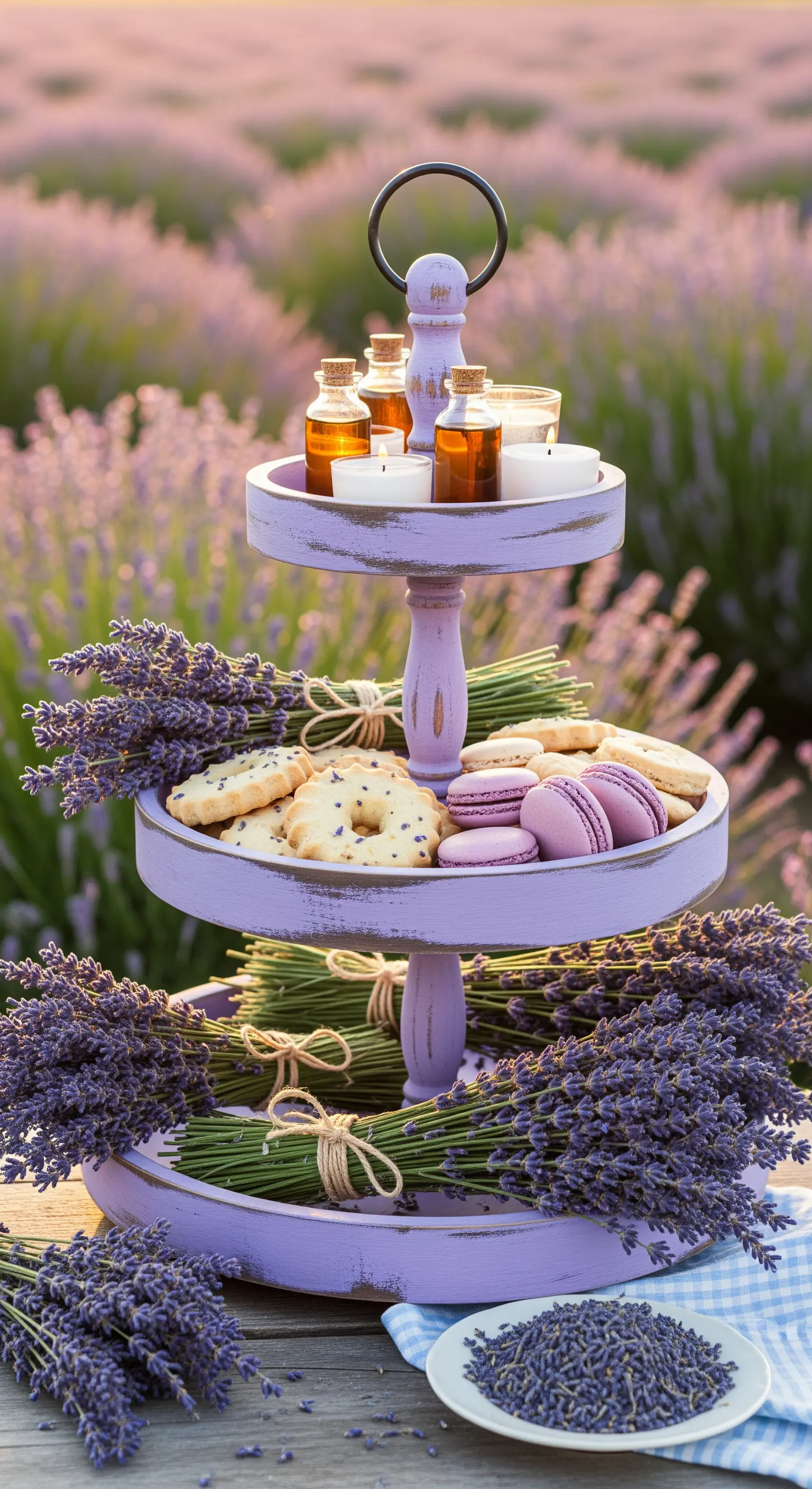 Lila gestrichene Etagere in einem Lavendelfeld, dekoriert mit frischem Lavendel und Keksen.
