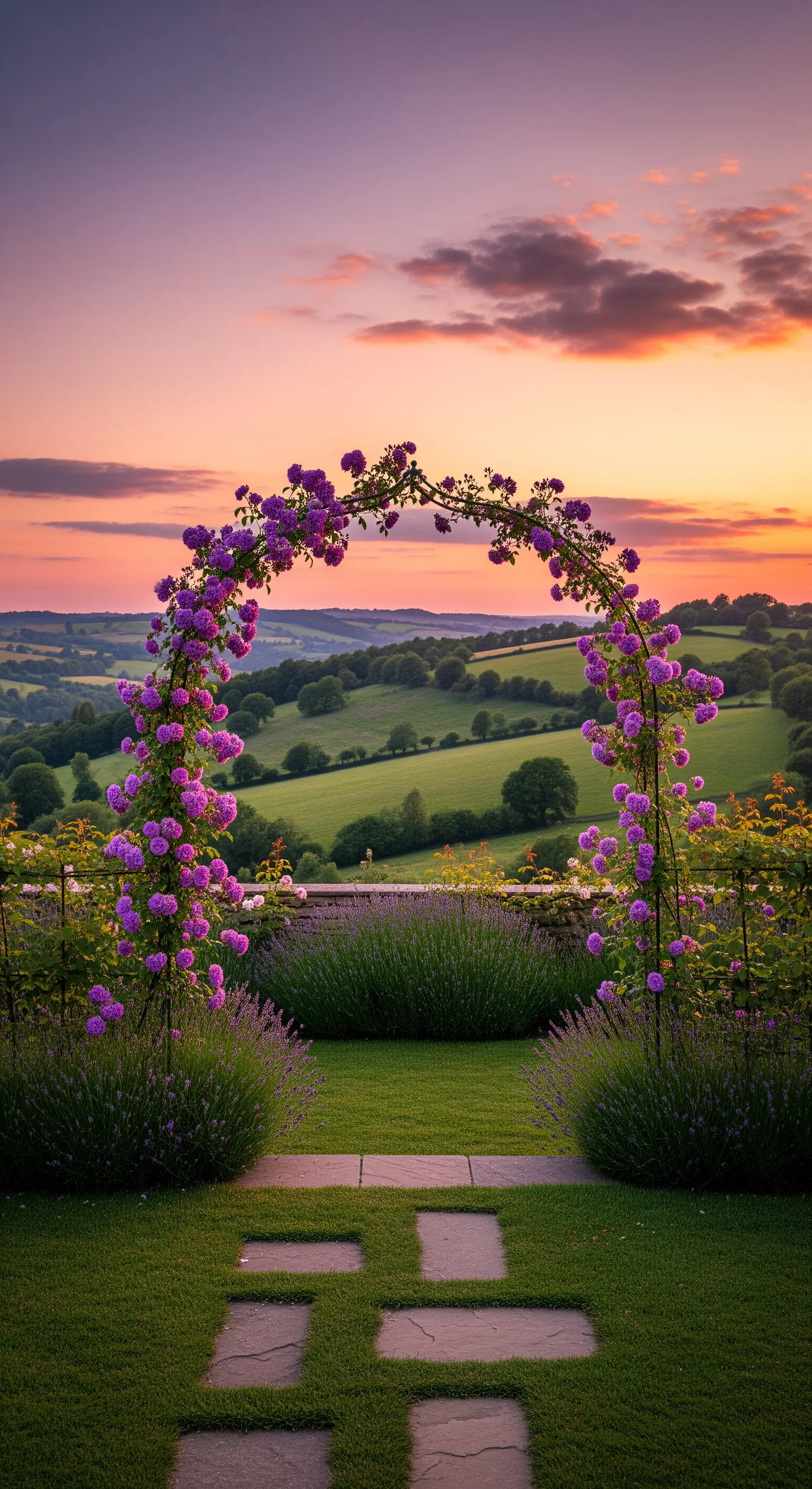 Lila Rosenbogen, Lavendelfeld, Sonnenuntergang, malerische Landschaft