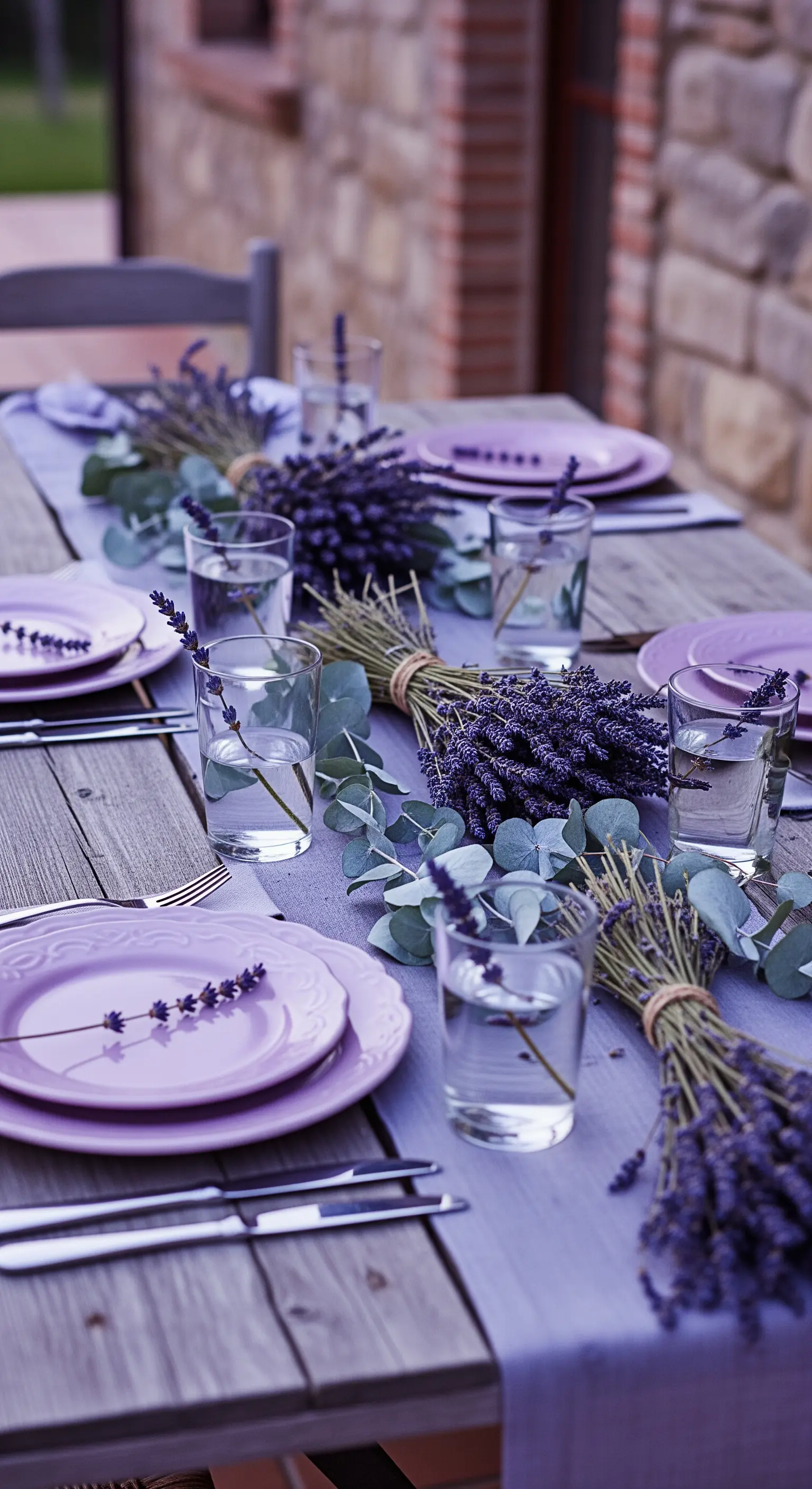Langer Holztisch mit Lavendelsträußen und passendem lila Geschirr dekoriert.