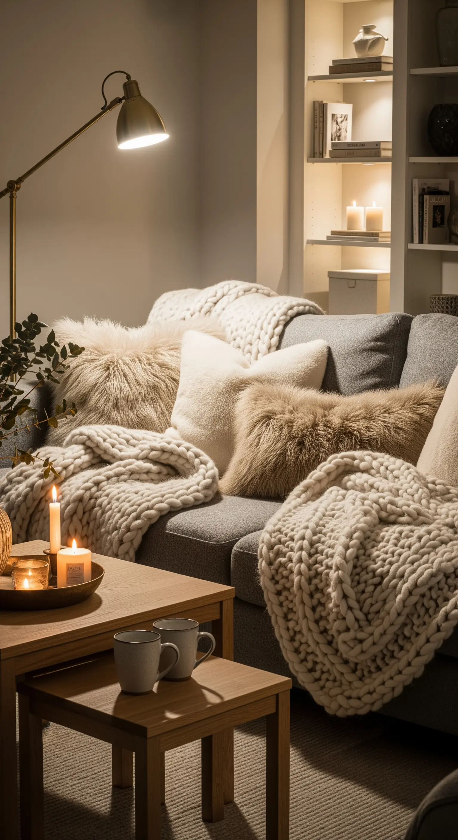 Detailaufnahme eines gemütlichen Sofas mit vielen Kissen, Decken und warmem Kerzenlicht.