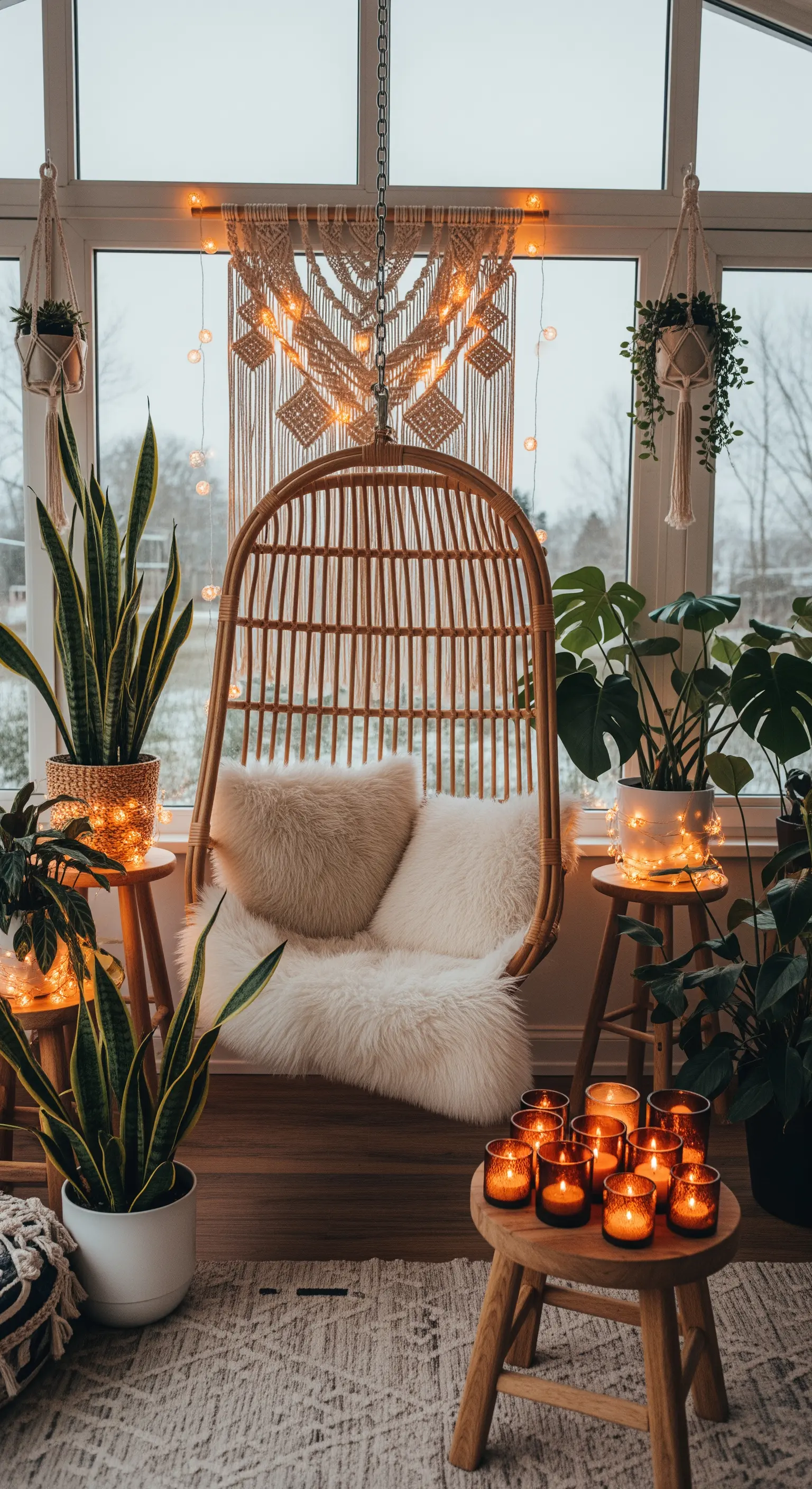 Boho-Wintergarten mit Hängesessel, vielen Pflanzen und einer Vielzahl an Kerzen und Lichterketten.