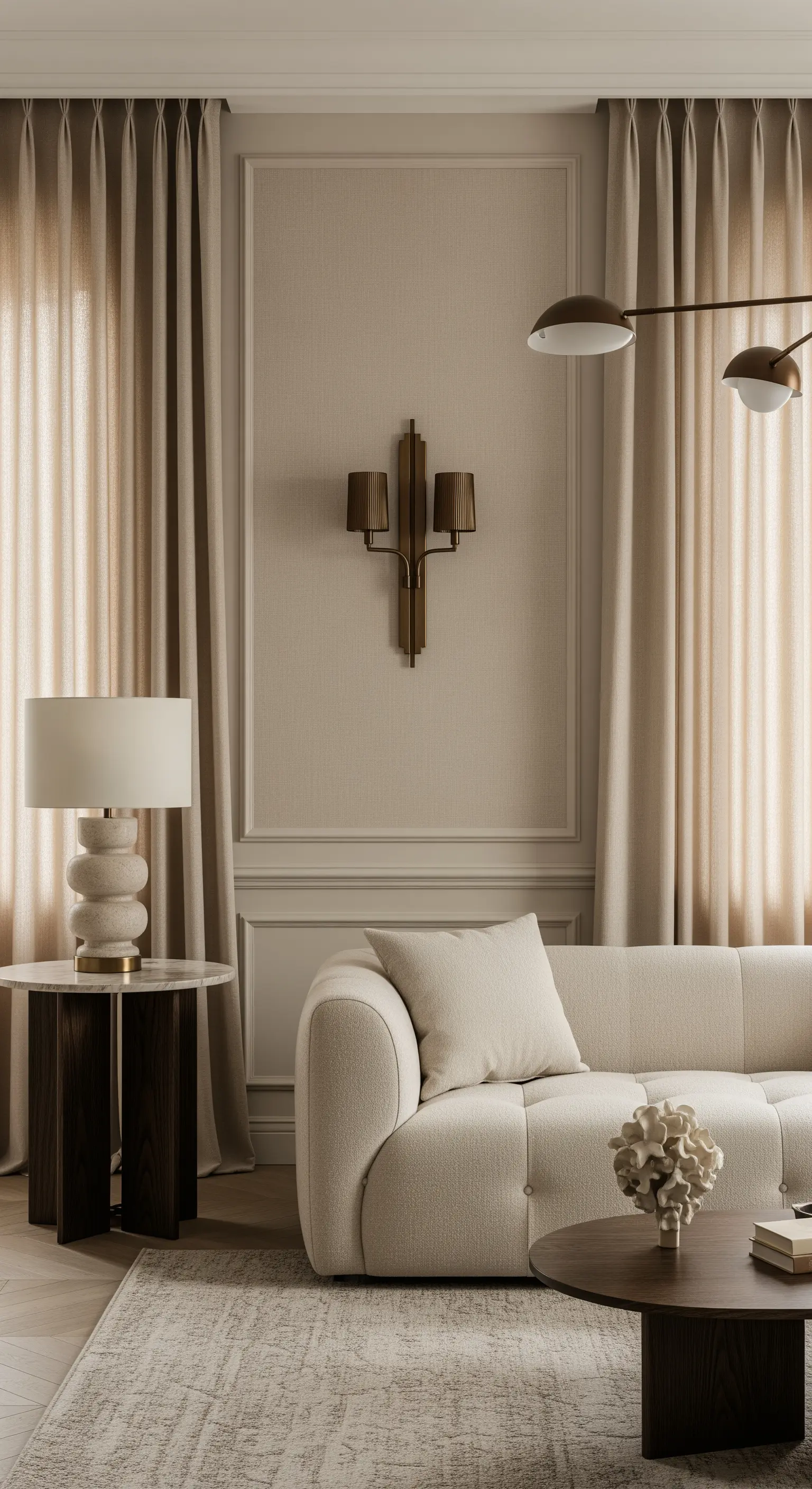 Detail eines Wohnzimmers mit beigem Sofa, Tischlampe und Wandleuchte.