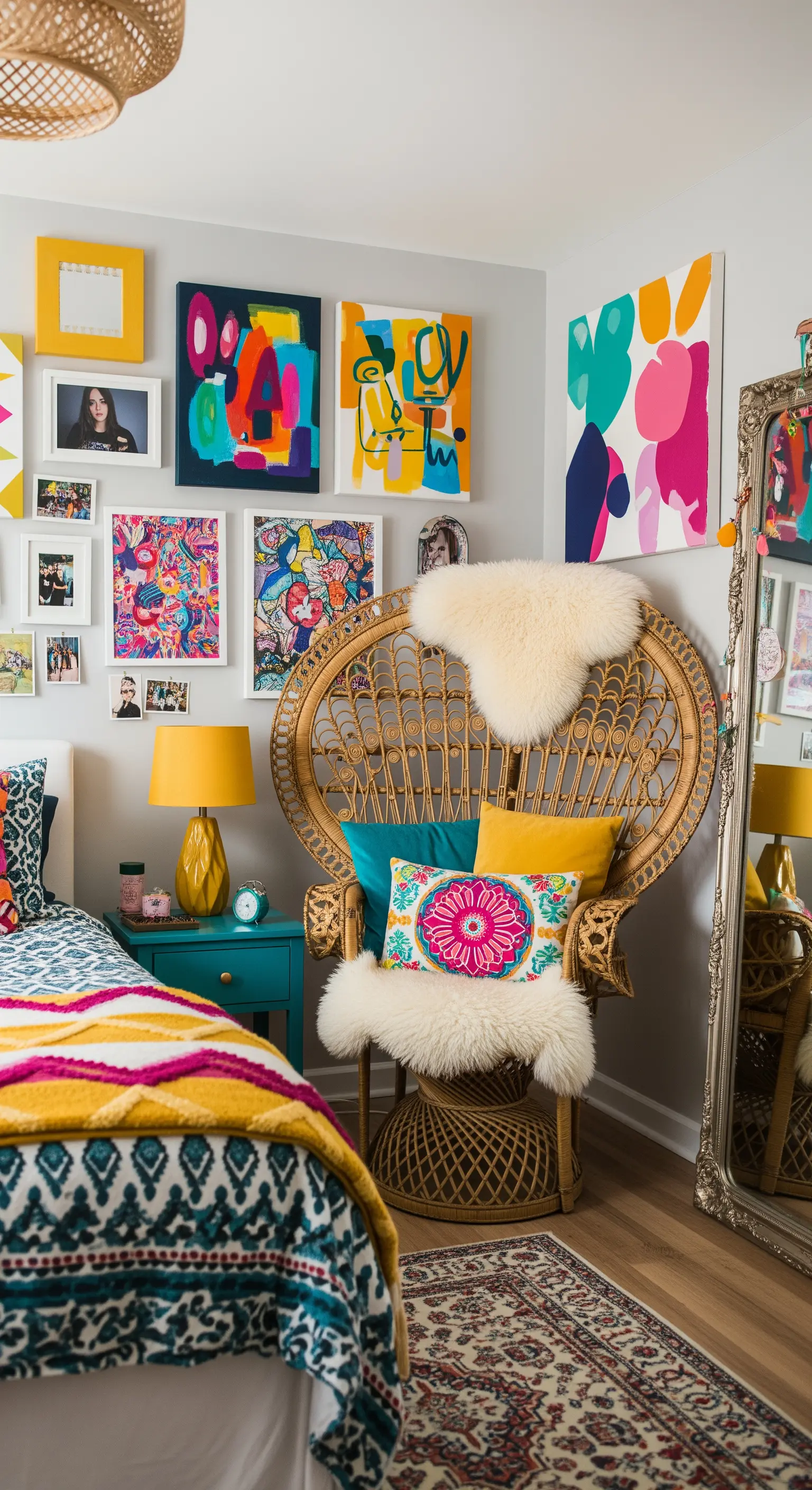 Farbenfrohes, maximalistisches Schlafzimmer mit einem Peacock-Chair und einer bunten Galeriewand.