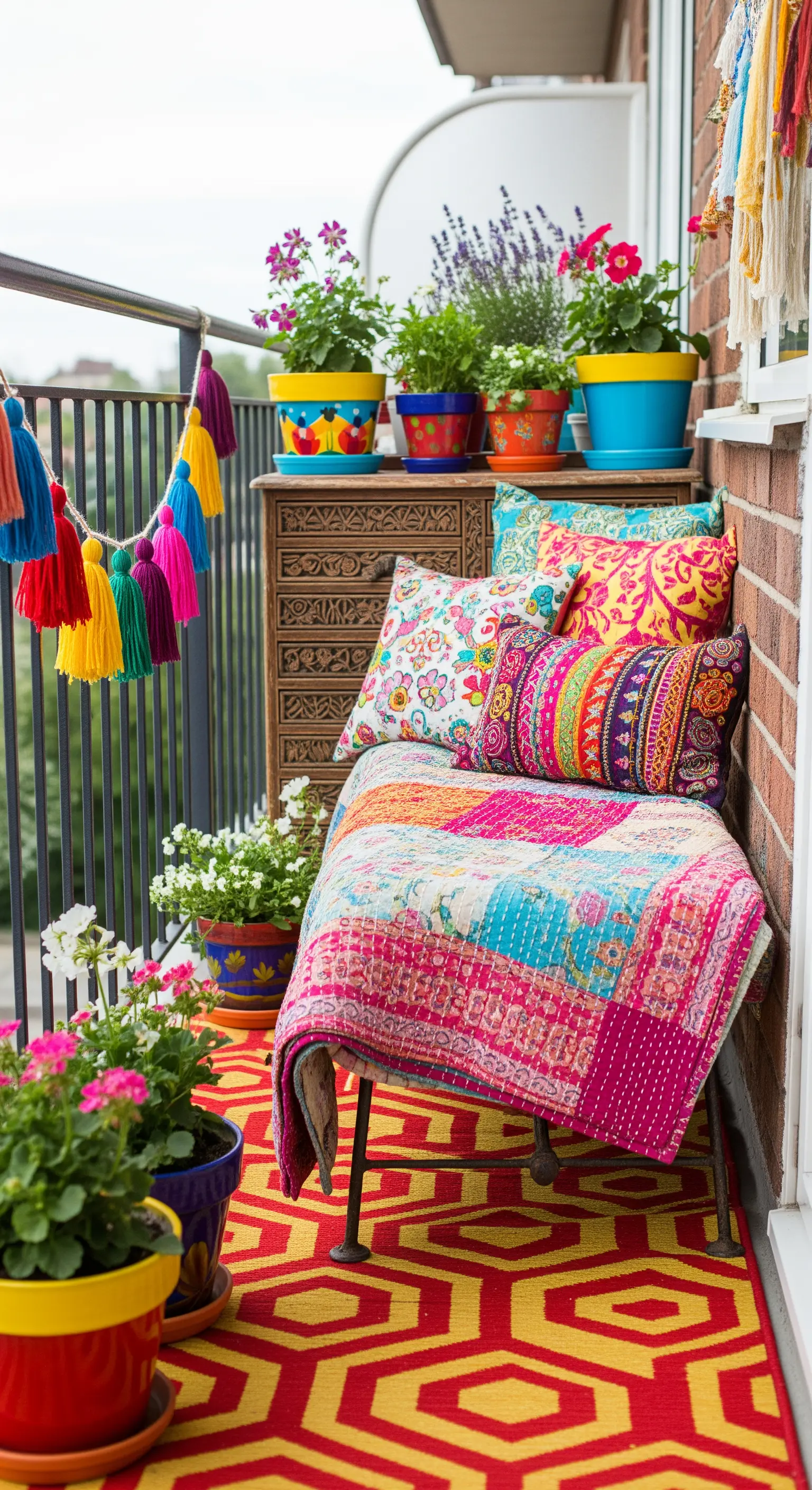 Farbenfroher Balkon mit buntem Teppich, Patchwork-Decke und Quasten-Girlande.