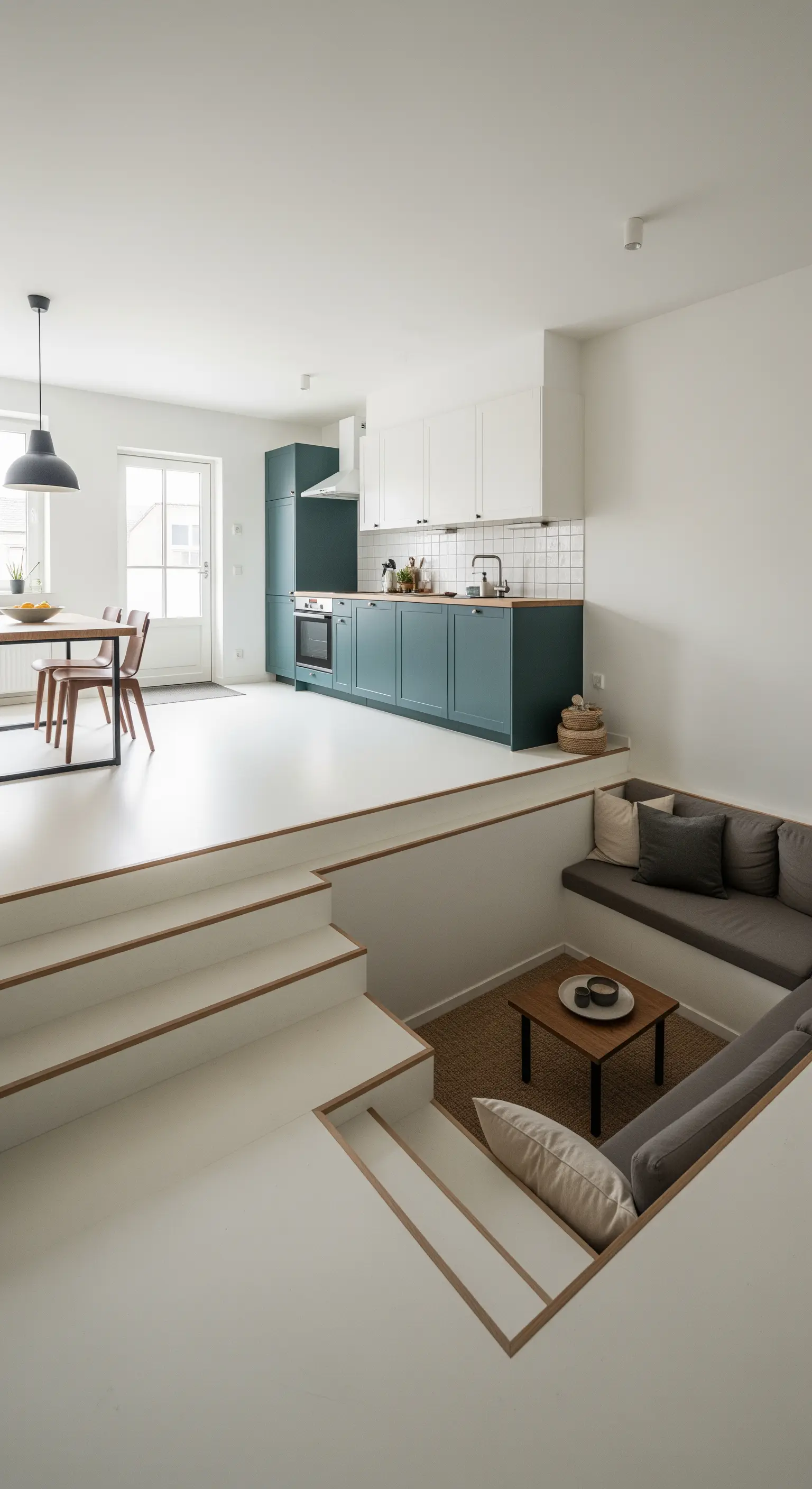 Studio-Apartment mit abgesenktem Wohnbereich und erhöhtem Küchenbereich