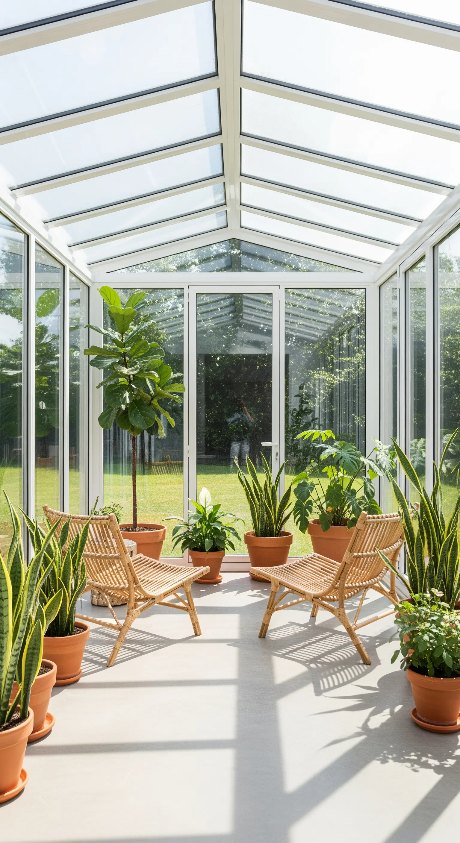 Heller Wintergarten mit Glasdach, Rattan-Stühlen und vielen Grünpflanzen in Terrakotta-Töpfen.