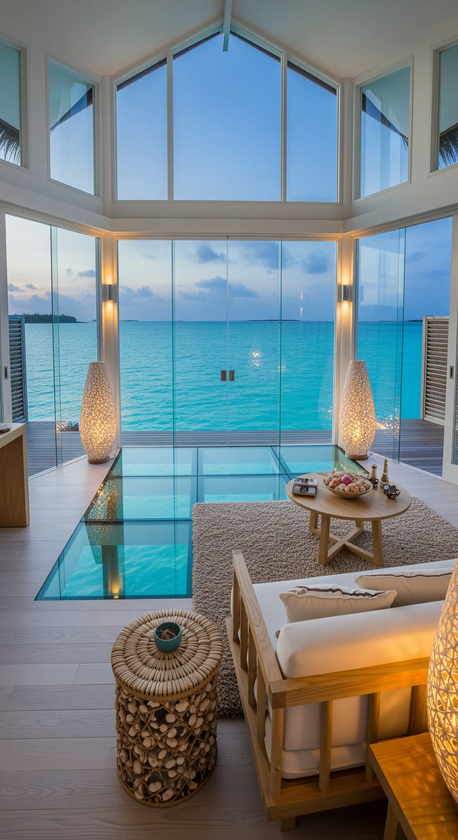 Helle Überwasservilla mit Glasboden, Holzmöbeln und Rundumblick auf das türkisfarbene Meer.