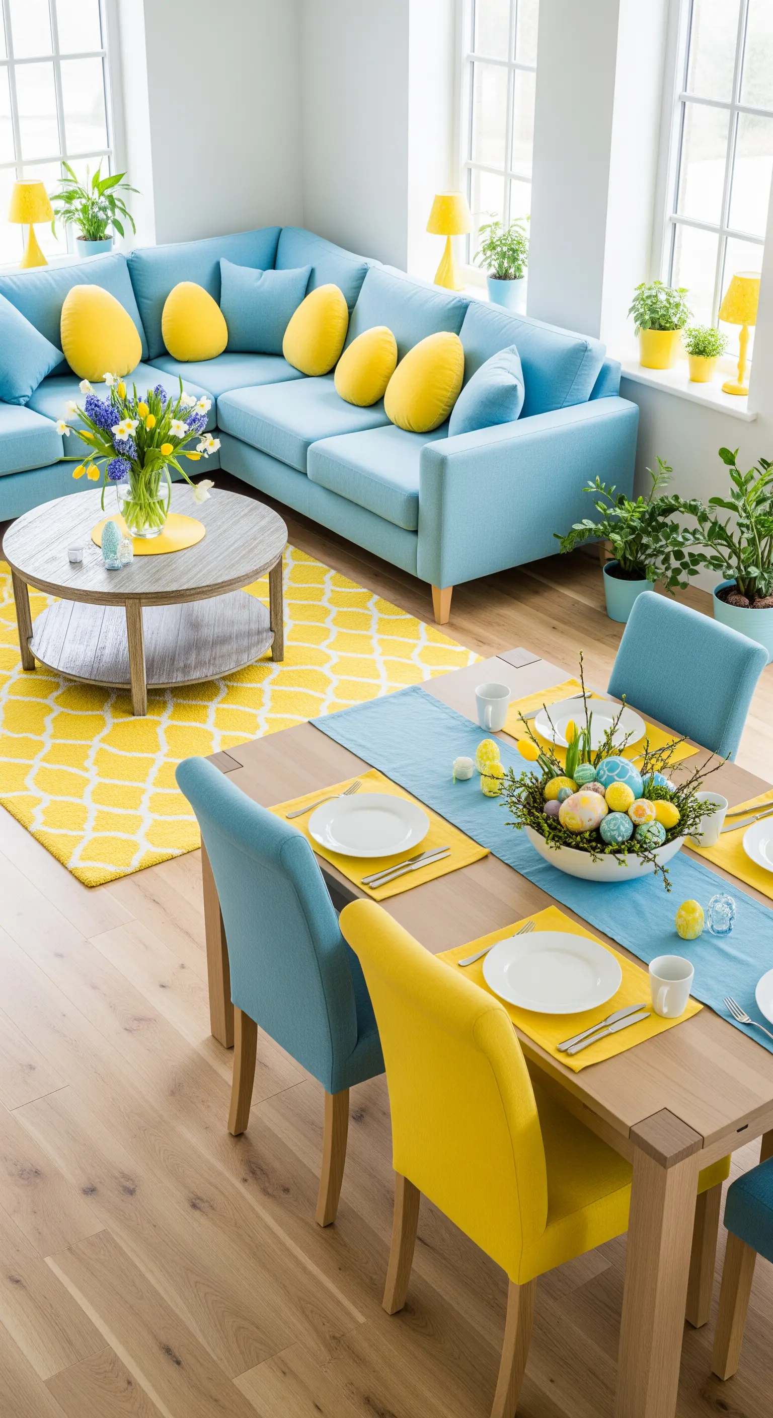 Offener Wohn-/Essbereich in Blau und Gelb mit floralem Centerpiece und bunten Eiern.