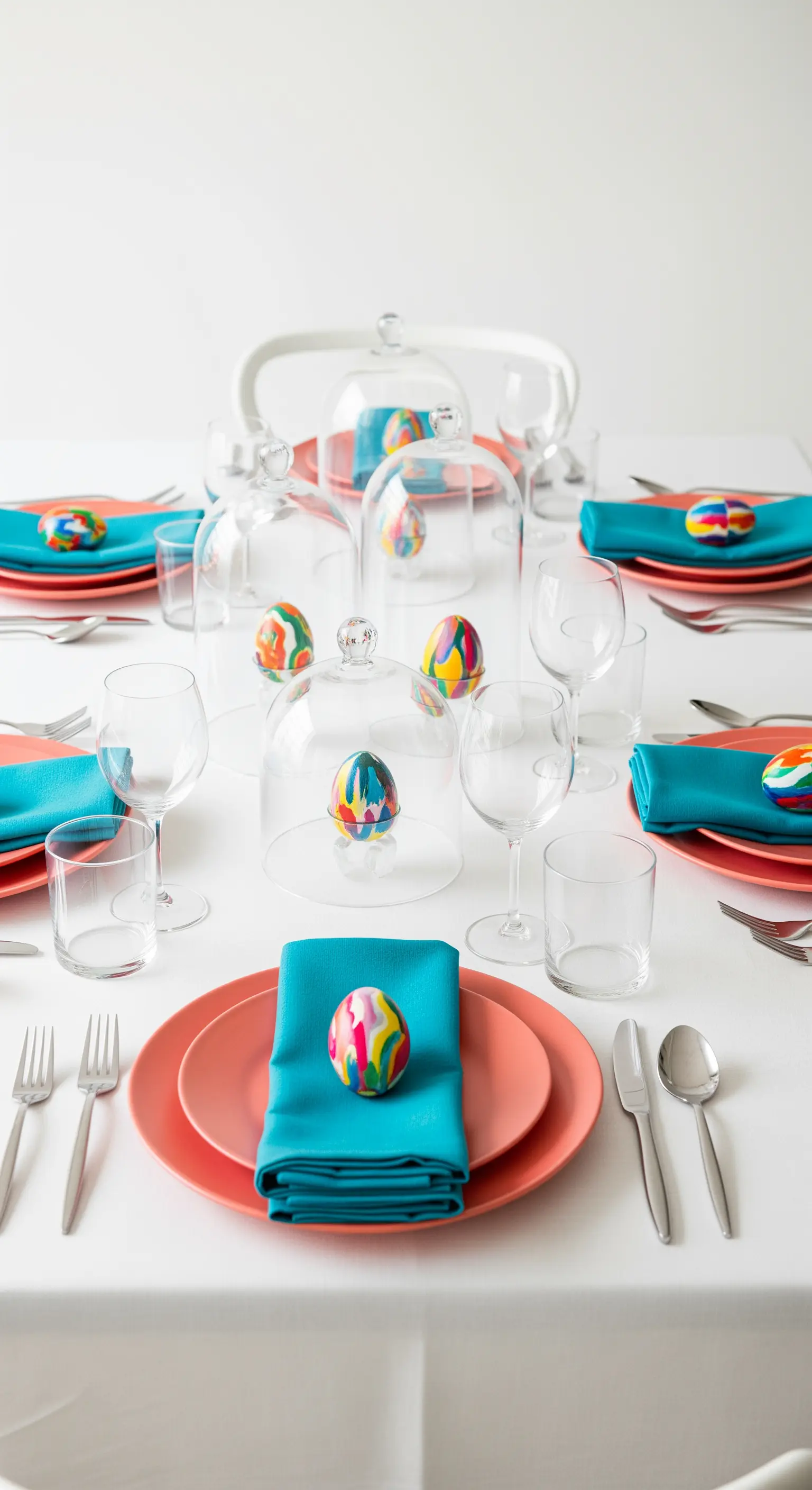 Farbenfrohe Ostertafel in Koralle und Türkis mit bunten Eiern unter Glasglocken.