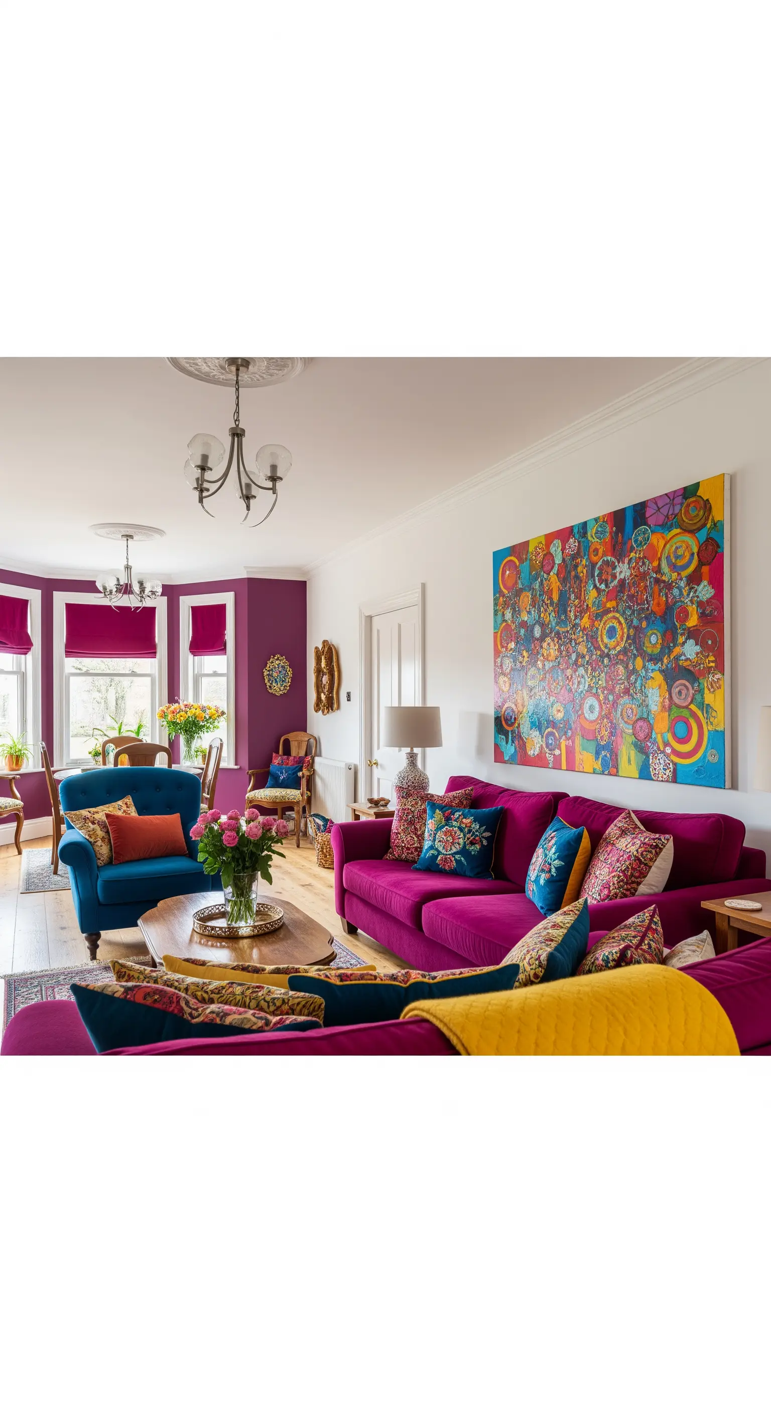 Wohnzimmer mit magentafarbenem Sofa, bunten Kissen und großem abstraktem Kunstwerk.