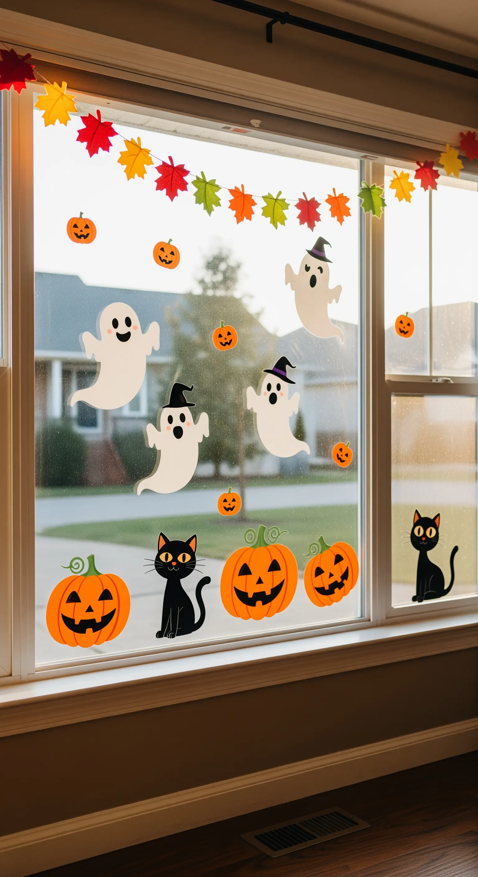 Großes Fenster mit bunten Halloween-Stickern von Geistern, Kürbissen und schwarzen Katzen.