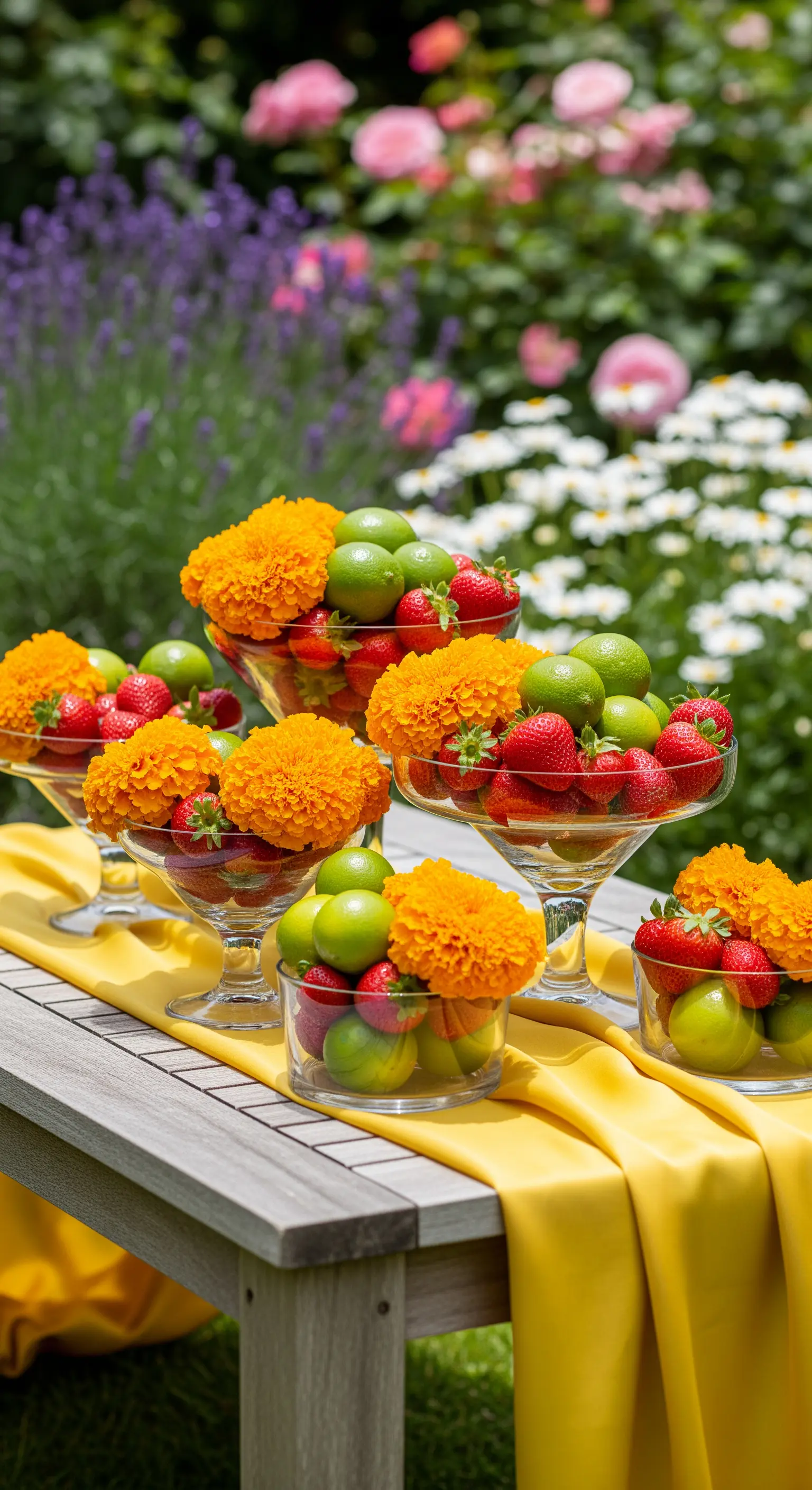 Glasgefäße mit Limetten, Erdbeeren und Ringelblumen